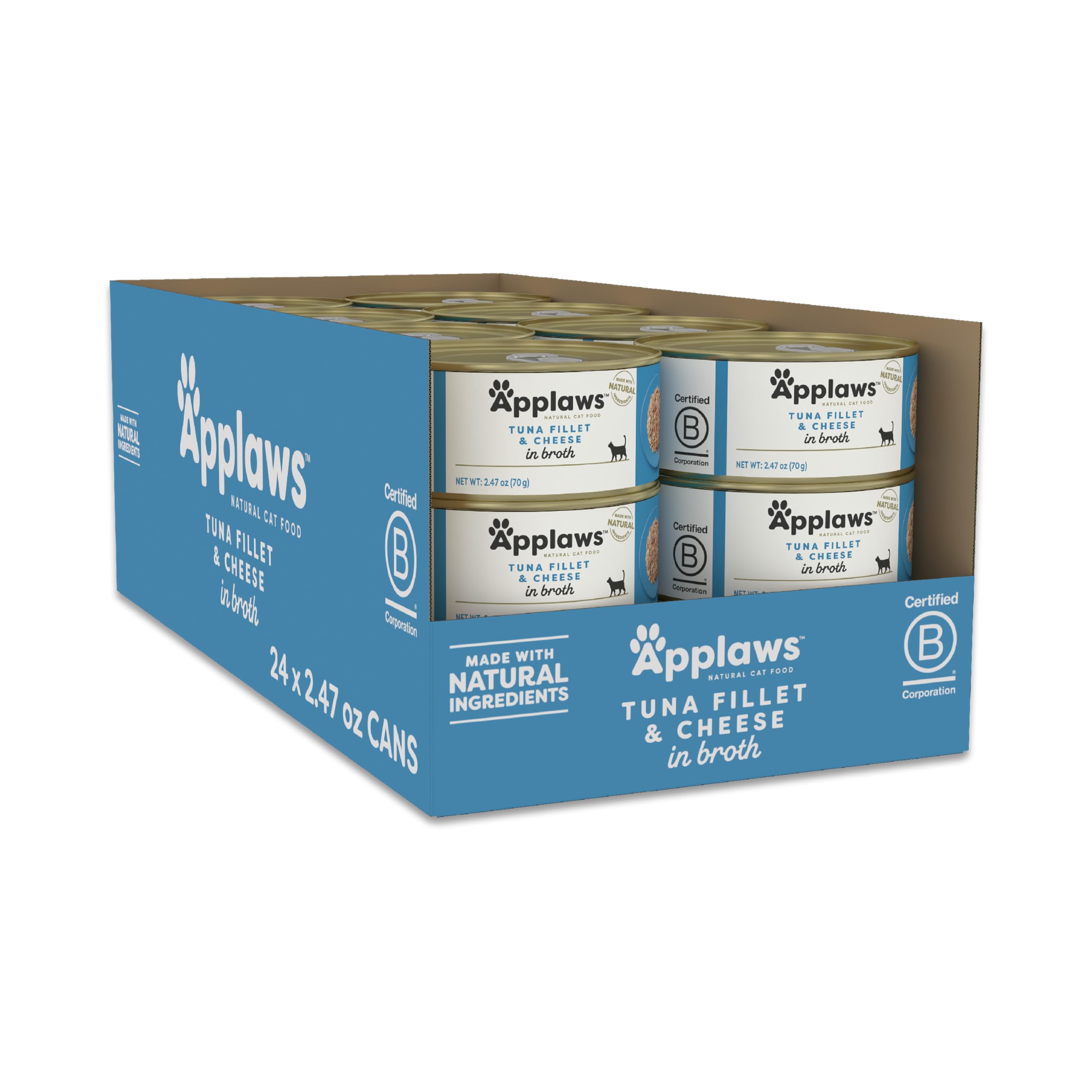 Applaws Wet Cat Food, 24 Count, Limited Ingredient Canned Wet Cat Food, Tuna Fillet with Cheese in Broth, 2.47oz Cans