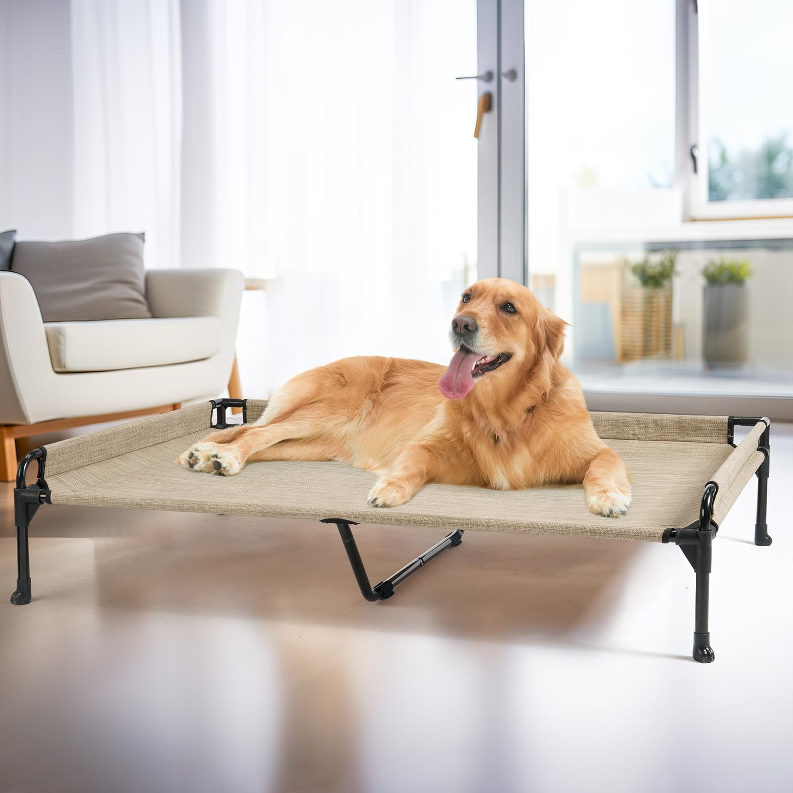 Veehoo Elevated Raised Dog Bed-Cooling Outdoor Dog Cot Three-Sided Fence Raised Pet Cot with Durable & Breathable Mesh &No-Slip 