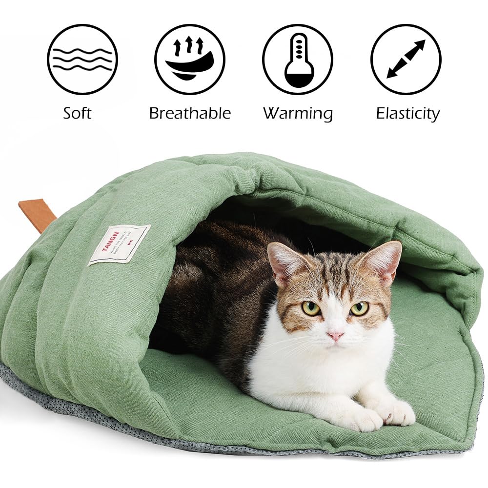 TANGN Cat Sleeping Bag - Cozy Linen Fabric Bed Cave for Indoor Puppy & Kitten, Green, Model PD50082