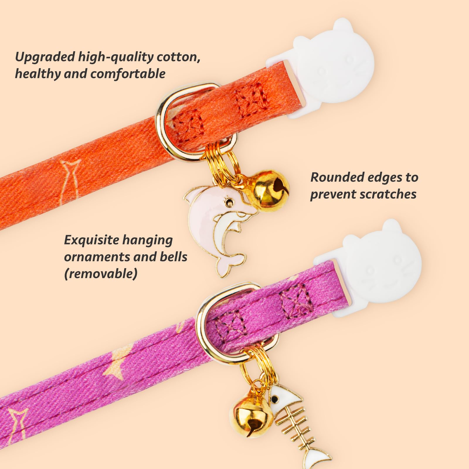 2 Pack Cotton Breakaway Cat Collar Orange And Purple Fish Pendant Cute Kitten Cat Collar With Bell