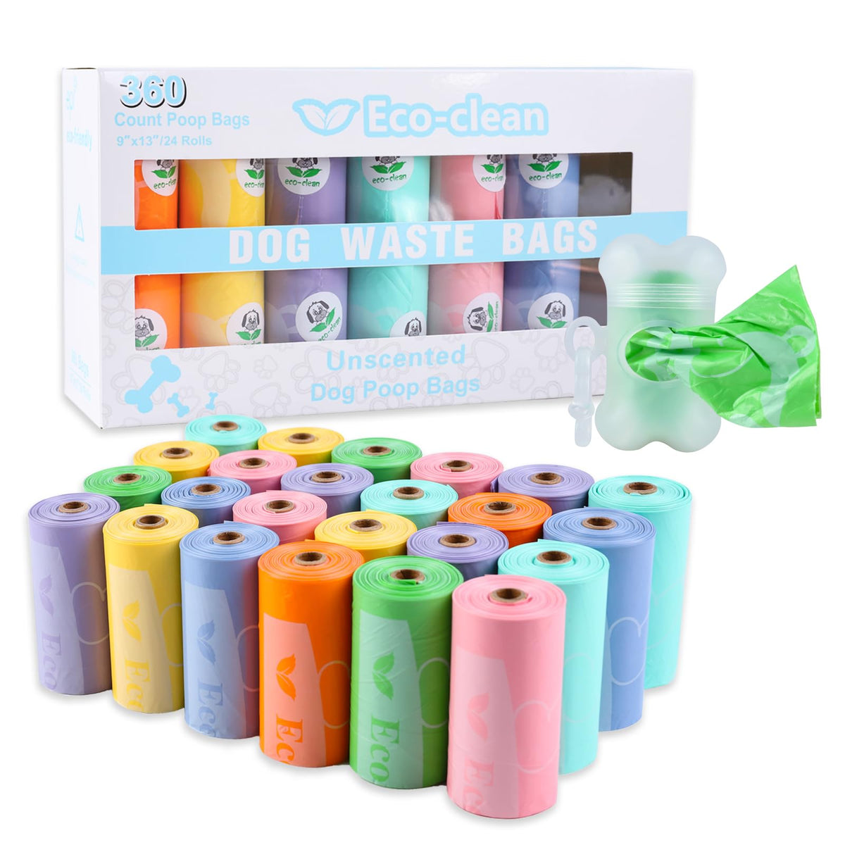 ECO-CLEAN 360 Count Dog Poop Bags with Dispenser, Leak-Proof, Unscented, 0.2 Ltr Capacity, Indoor/Outdoor Use