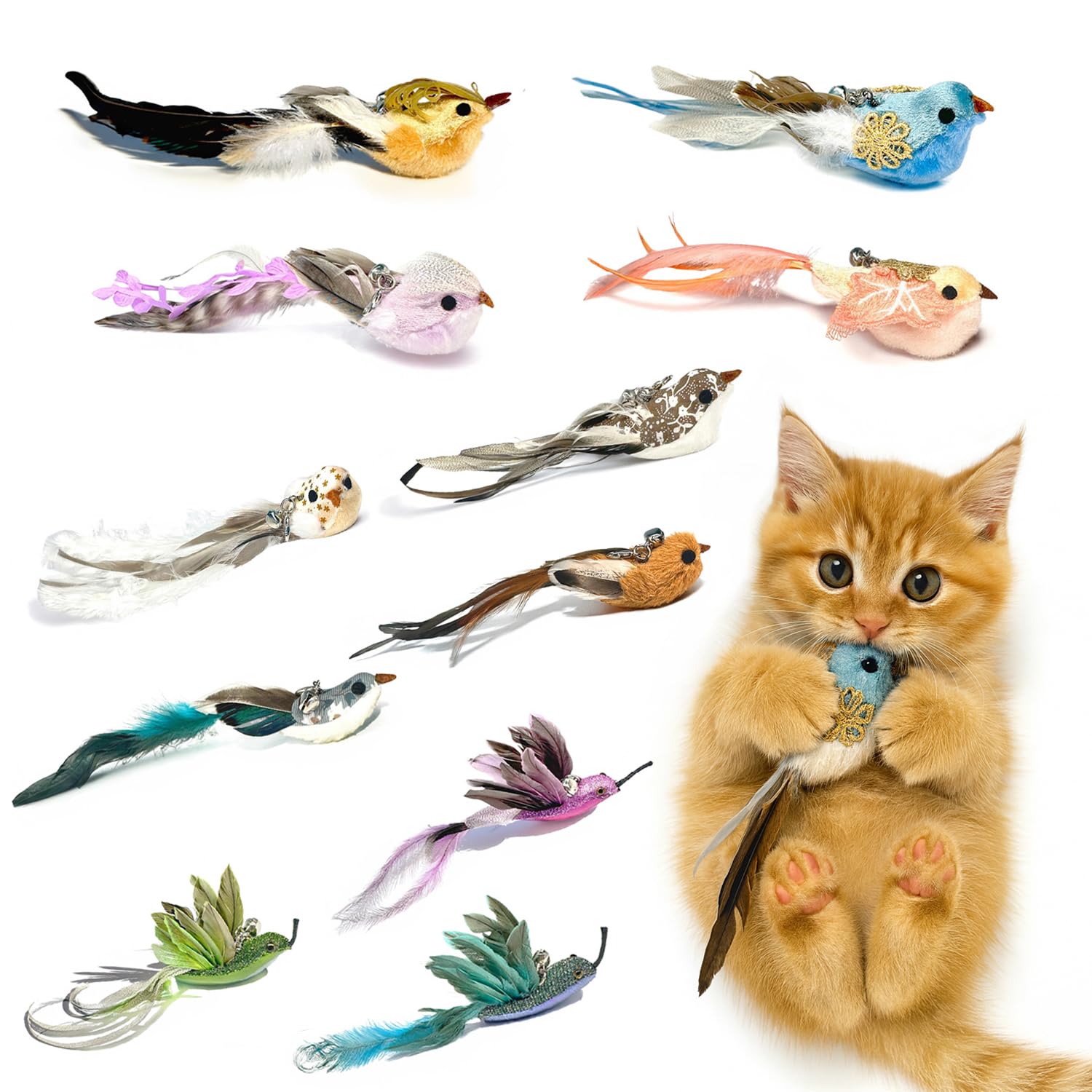 ZAYLUMO 11PCS Realistic Bird Cat Toy Refills - Handmade Feather Cat Toys with Bell, Clip-on Cat Wand Attachments - Interactive C