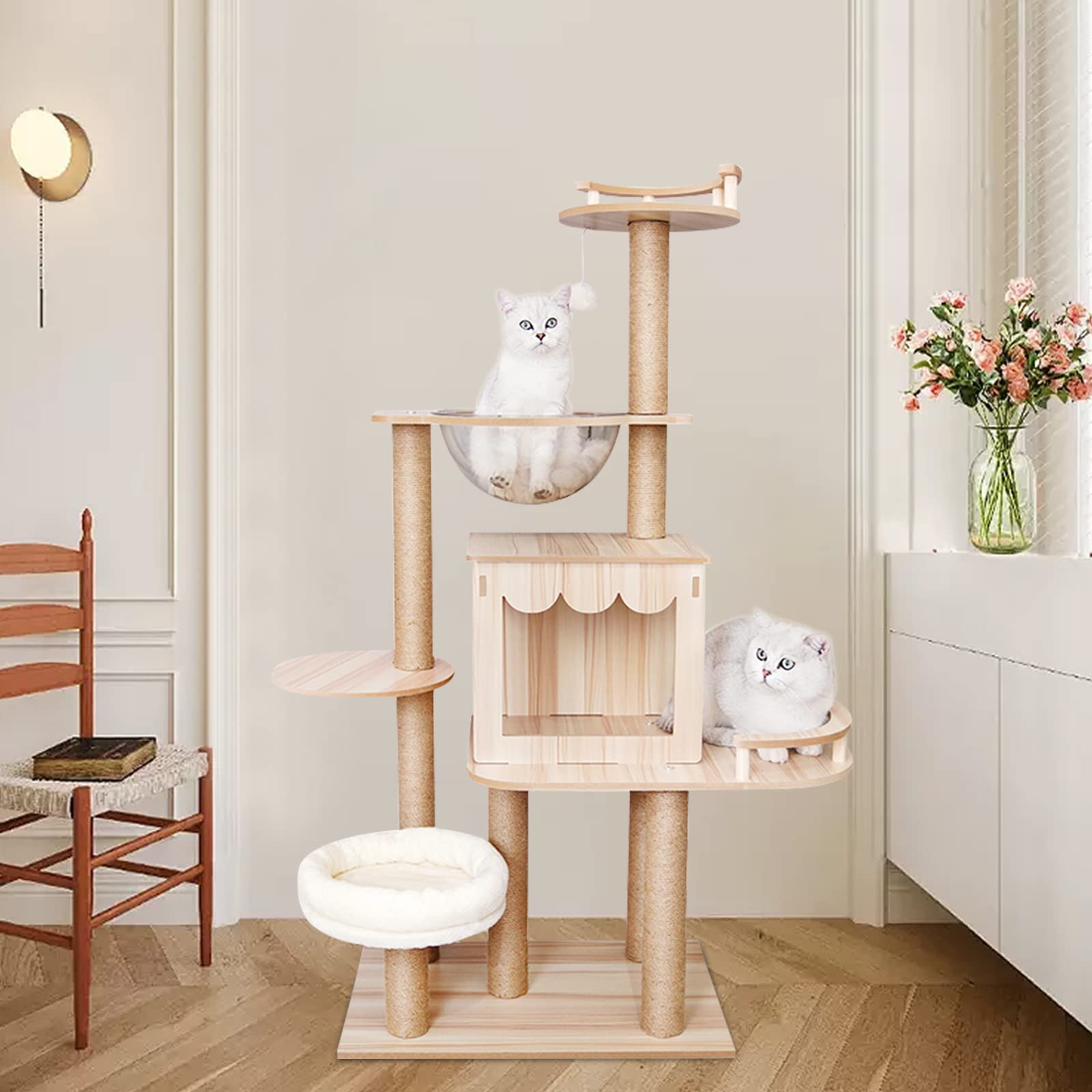 Cat Tree Furniture 17.7X15.7X47.2 Inch Yellowish Multi-Level Cat Tower With 4 Jumping Boards Resting Platform And A Cute Toy On