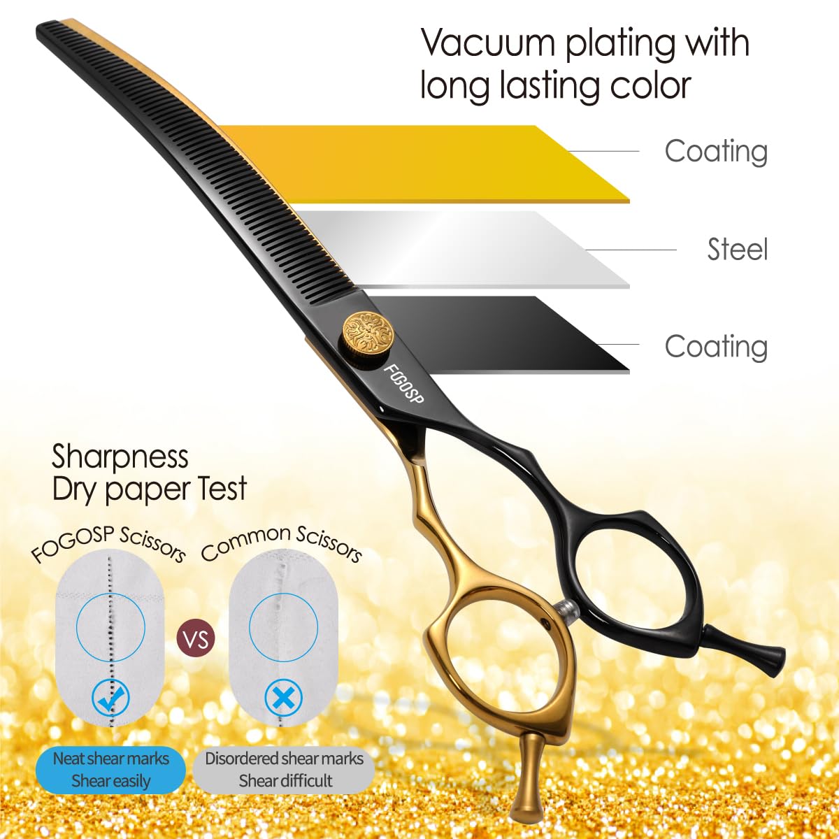 Fogosp Curved Thinning Shears Dog Grooming 7.5 In Black & Gold Two Color Multipurpose Professional Dog Grooming Scissors For Lar