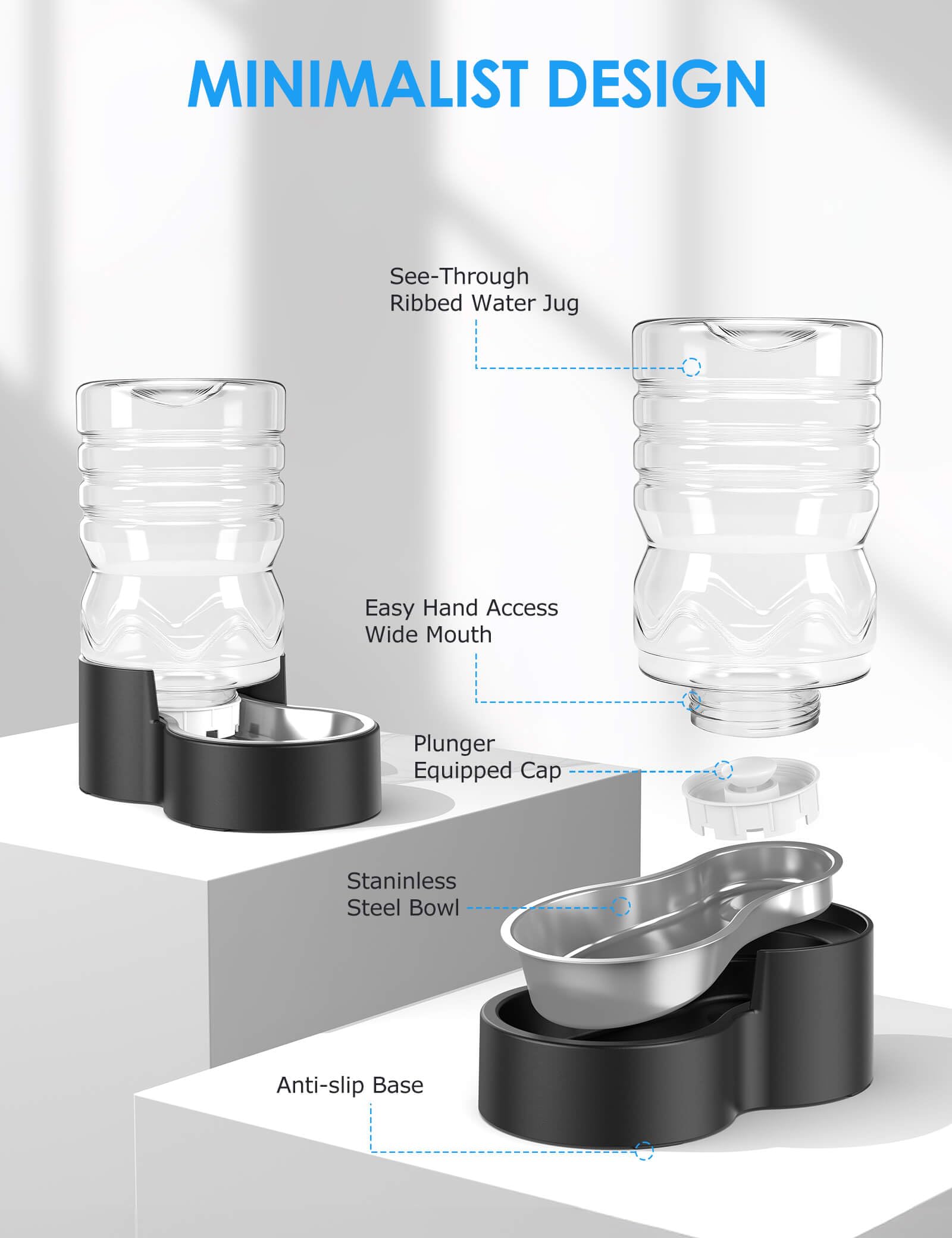 Heouvo 1.7 Gallon Automatic Dog Water Dispenser?Wide Mouth for Easy Hand-in Cleaning??Removable Stainless Steel Bowl?, Gravity R