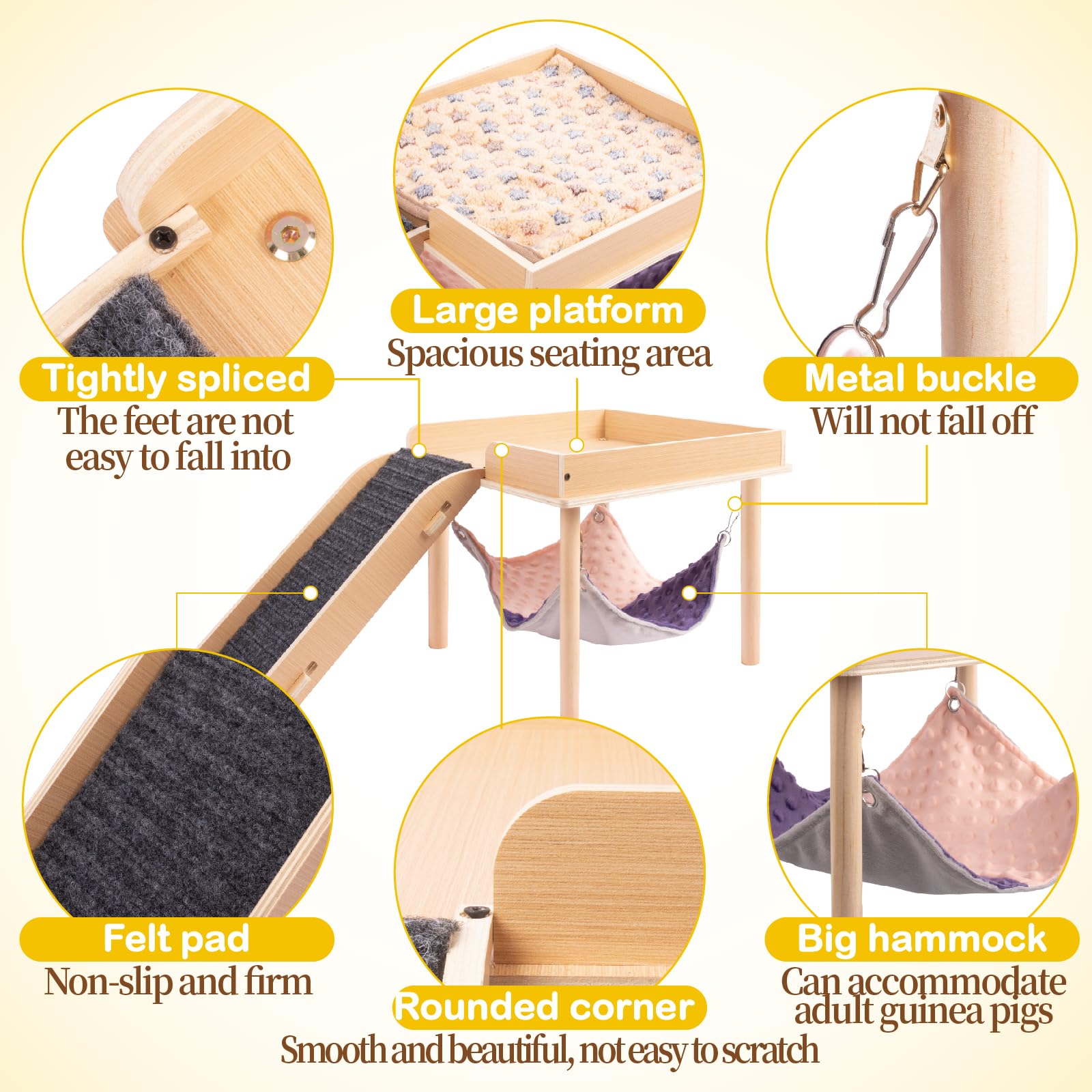 Besnew Enlarged Guinea Pig Hammock With Platform And Stairs,Wooden Small Animal Hideout For Guinea Pigs Bunny Ferret Hamster Hid