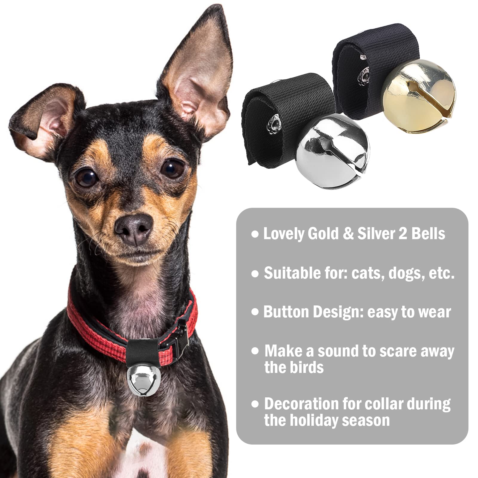 Scenereal Dog Collar Bell For Training, Hiking, Walking, Hunting, Pet Tracker, 2 Pack 1.0' Extra Loud Pet Bell For Save Wildlife And Birds (Bear Bell, Cow Bell) Gold | Silver For Small Medium Dogs