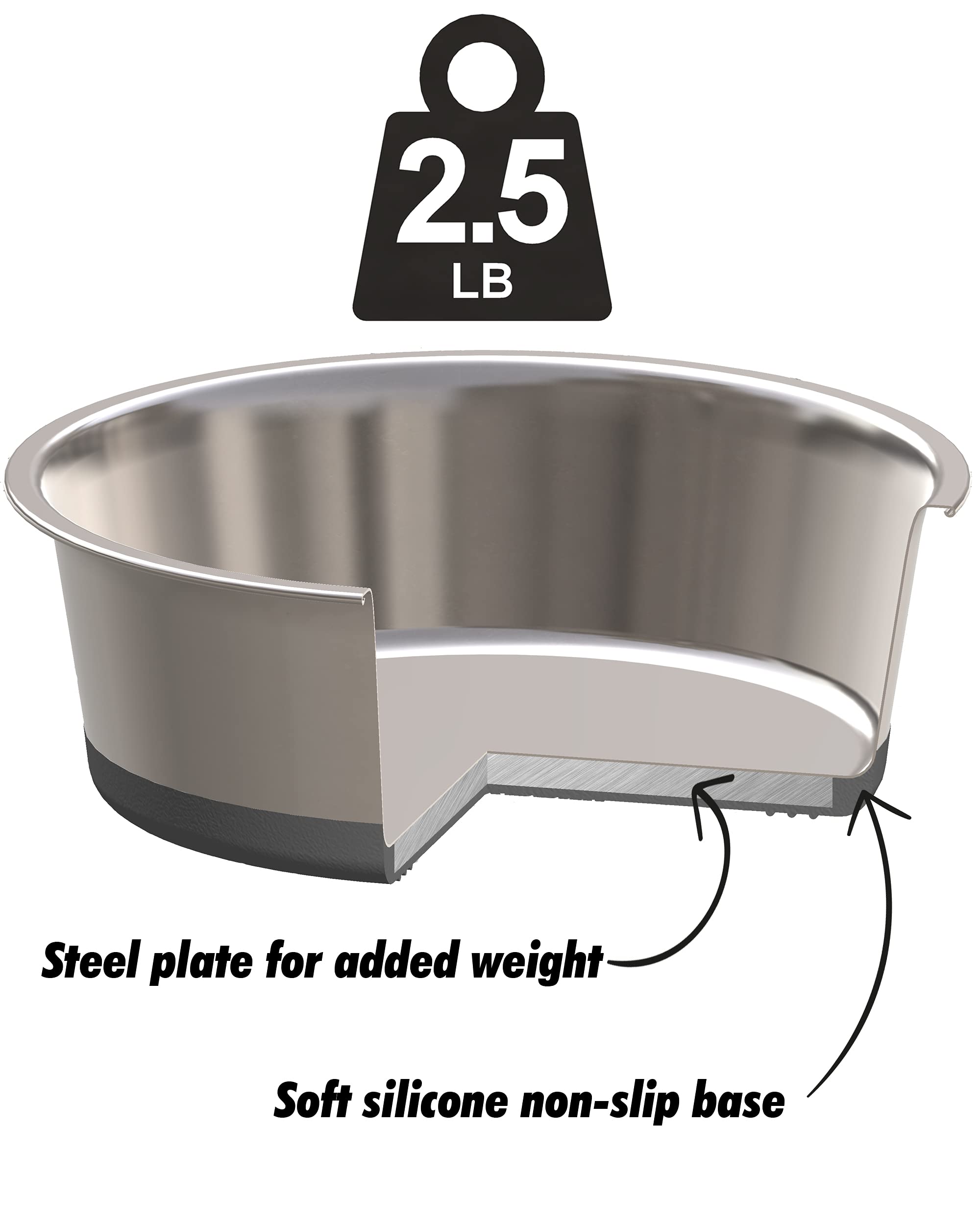 Heavybowl - 2.5 Lb Weighted Dog Bowl - No Slip, No Tip - Heavy Stainless Steel Dog Bowl With Silicone Rubber Foot