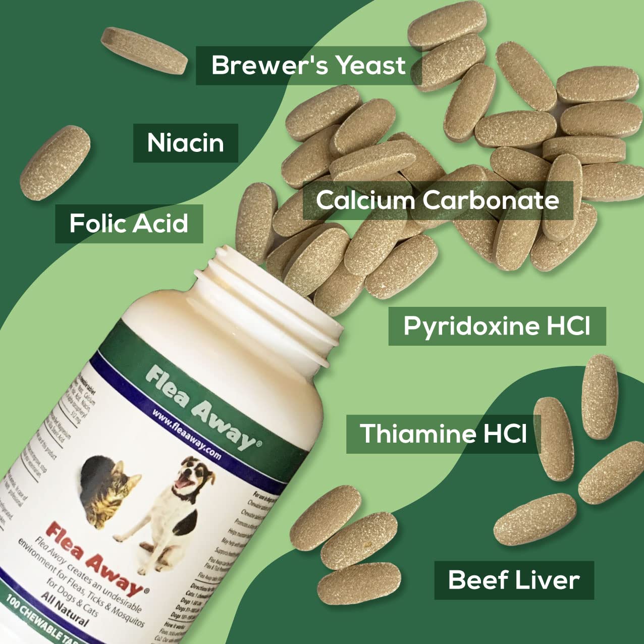 Flea Away All Natural Supplement for Fleas, Ticks, and Mosquitos Prevention for Dogs and Cats, 100 Chewable Treat Tablets, Singl