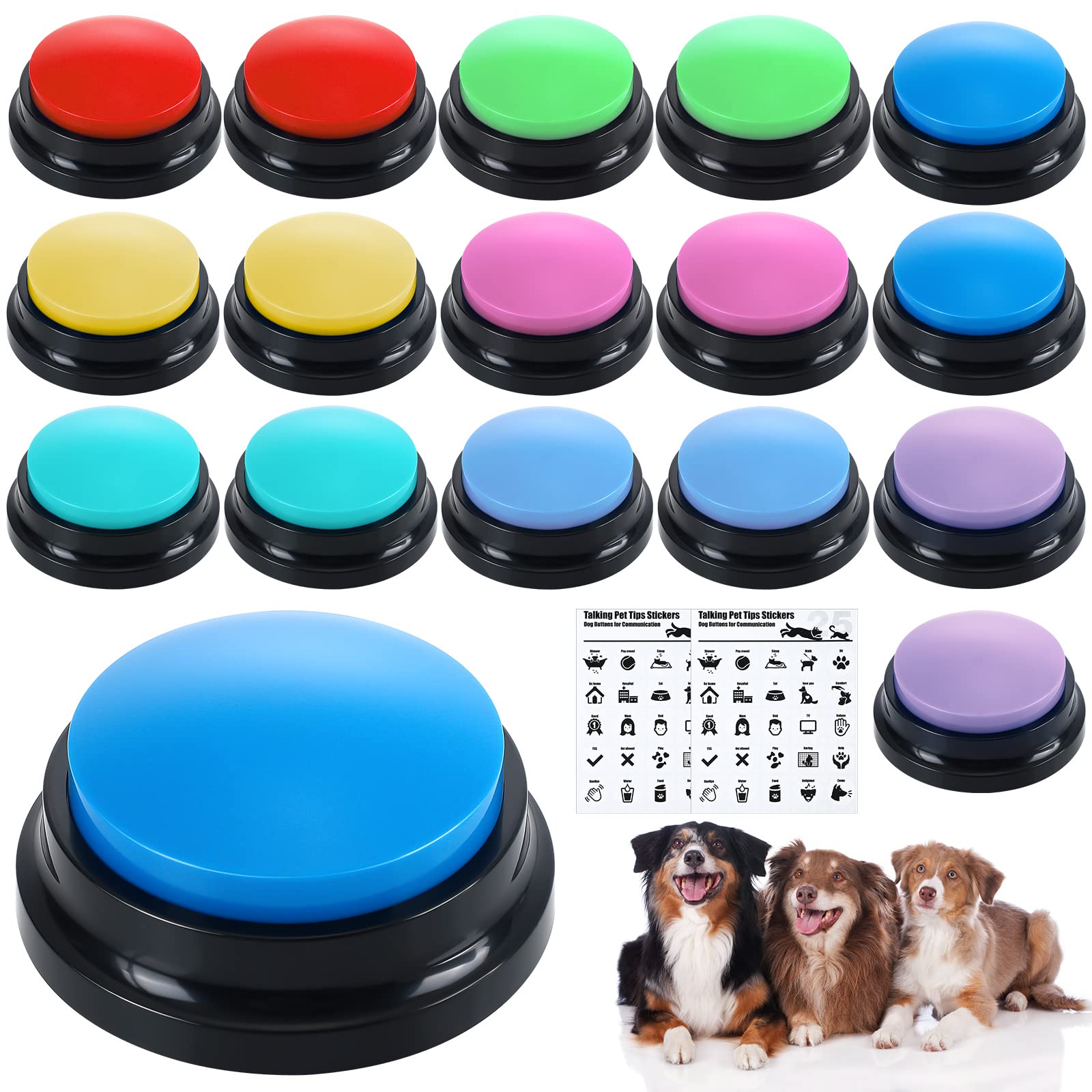 Jerify 16 Pieces Dog Buttons For Communication Voice Recordable Cat Dog Talking Buzzers Set With Stickers 30 Seconds Pet Speech Training Buttons For Pet Dog Cat Training Interactivity, 8 Colors