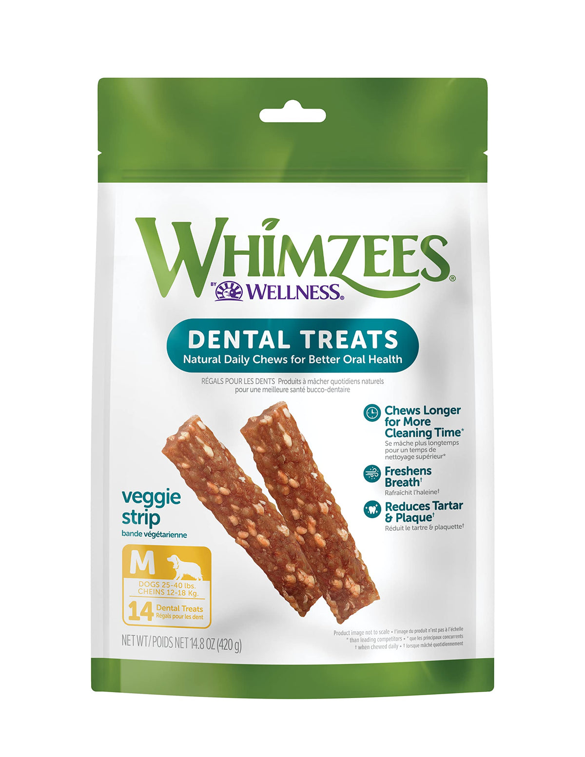Whimzees By Wellness Veggie Strip Natural Dental Chews For Dogs, Long Lasting Treats, Grain-Free, Freshens Breath, Medium Breed,