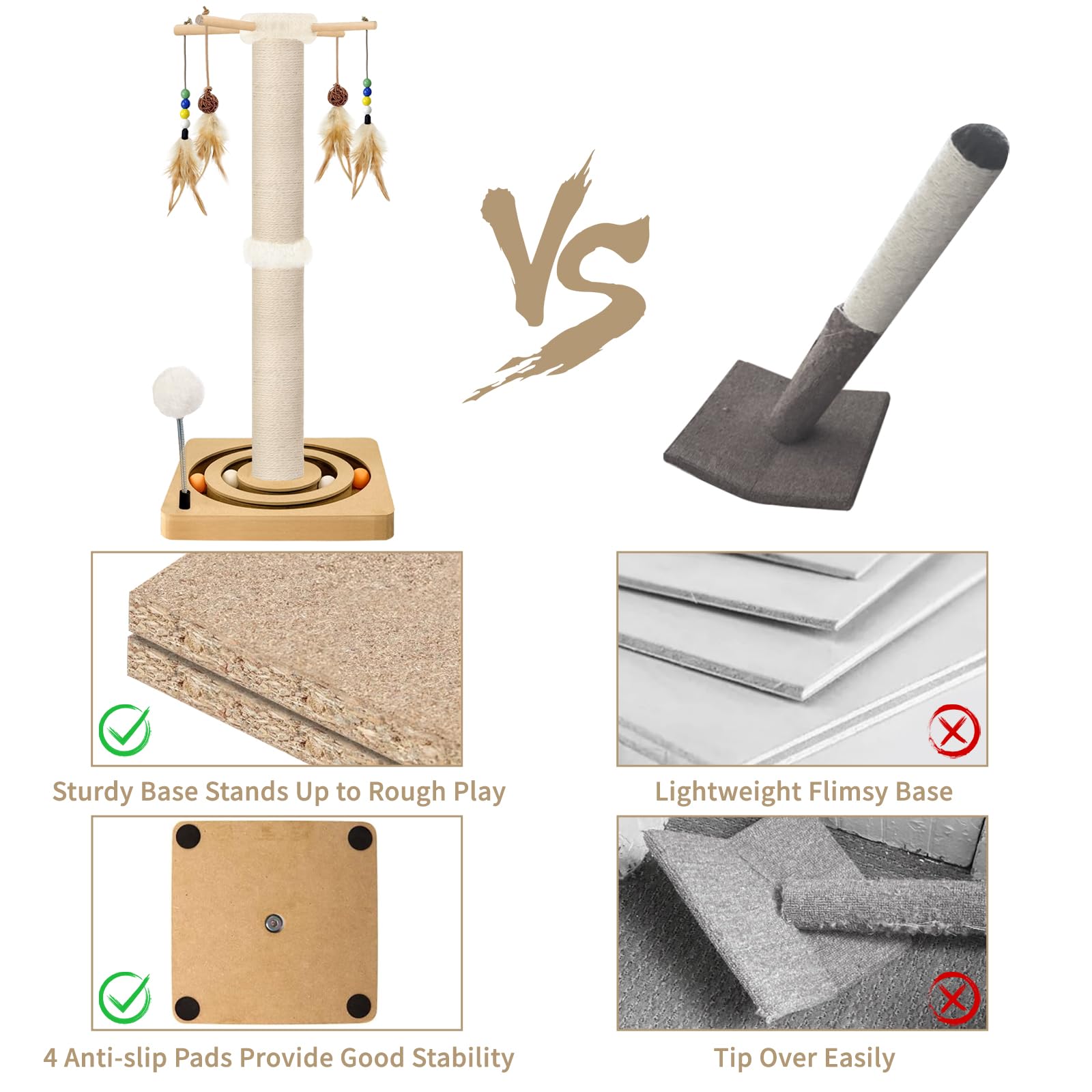 Tall Cat Scratching Post, 33 Inches, Sisal, Interactive Furniture Toys For Indoor Cats Adults, 2 Mounting Methods Large Scratche