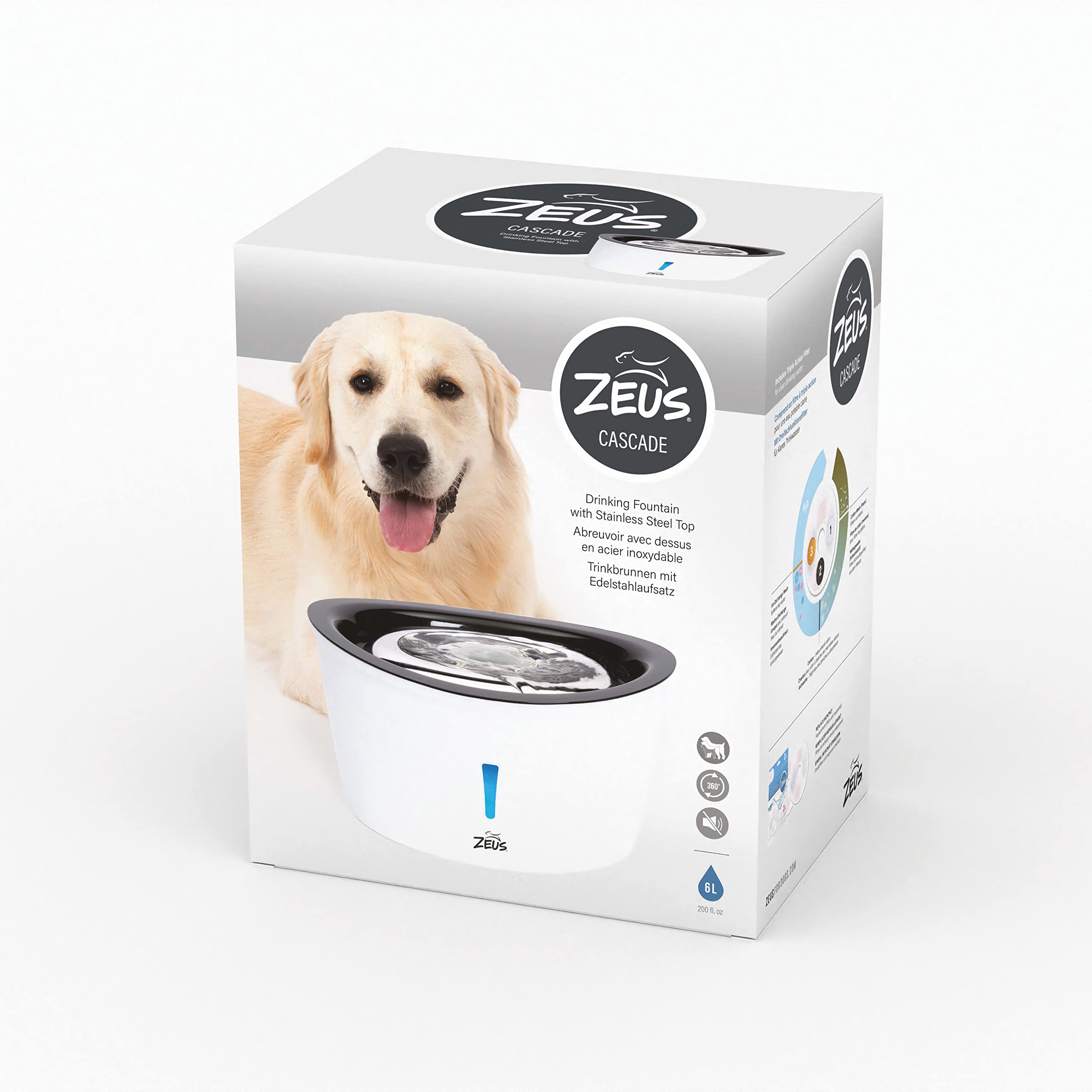 Zeus Cascade Dog Drinking Fountain With Stainless Steel Top