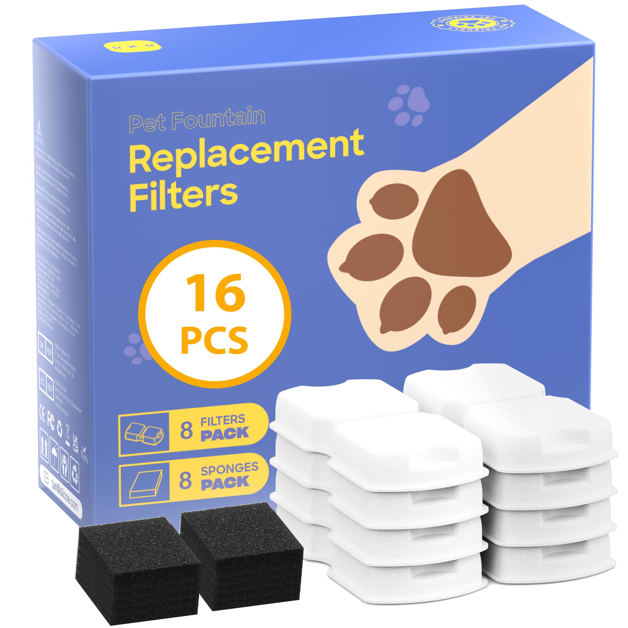 GIOTOHUN Cat Fountain Filters Replacement: 16 Pet Water Fountains Filter - 8 Carbon Filters & 8 Foam Filters - Suitable for GIOT