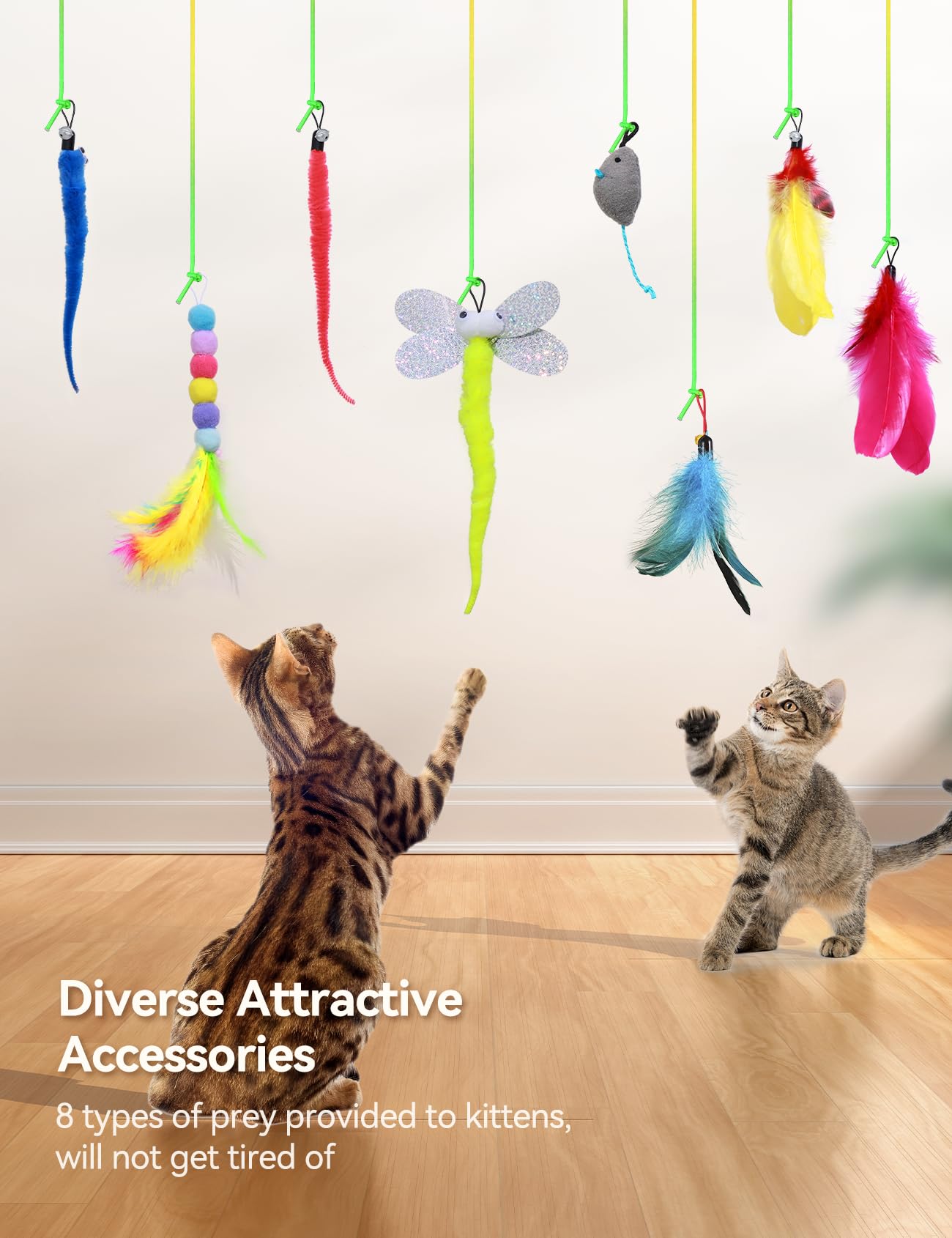 Feelneedy Laser Interactive Cat Toys, Led Light, 8 Pcs Replacement Teaser With Bell Refills, Feather & Mouse Cats Toy, Hanging C