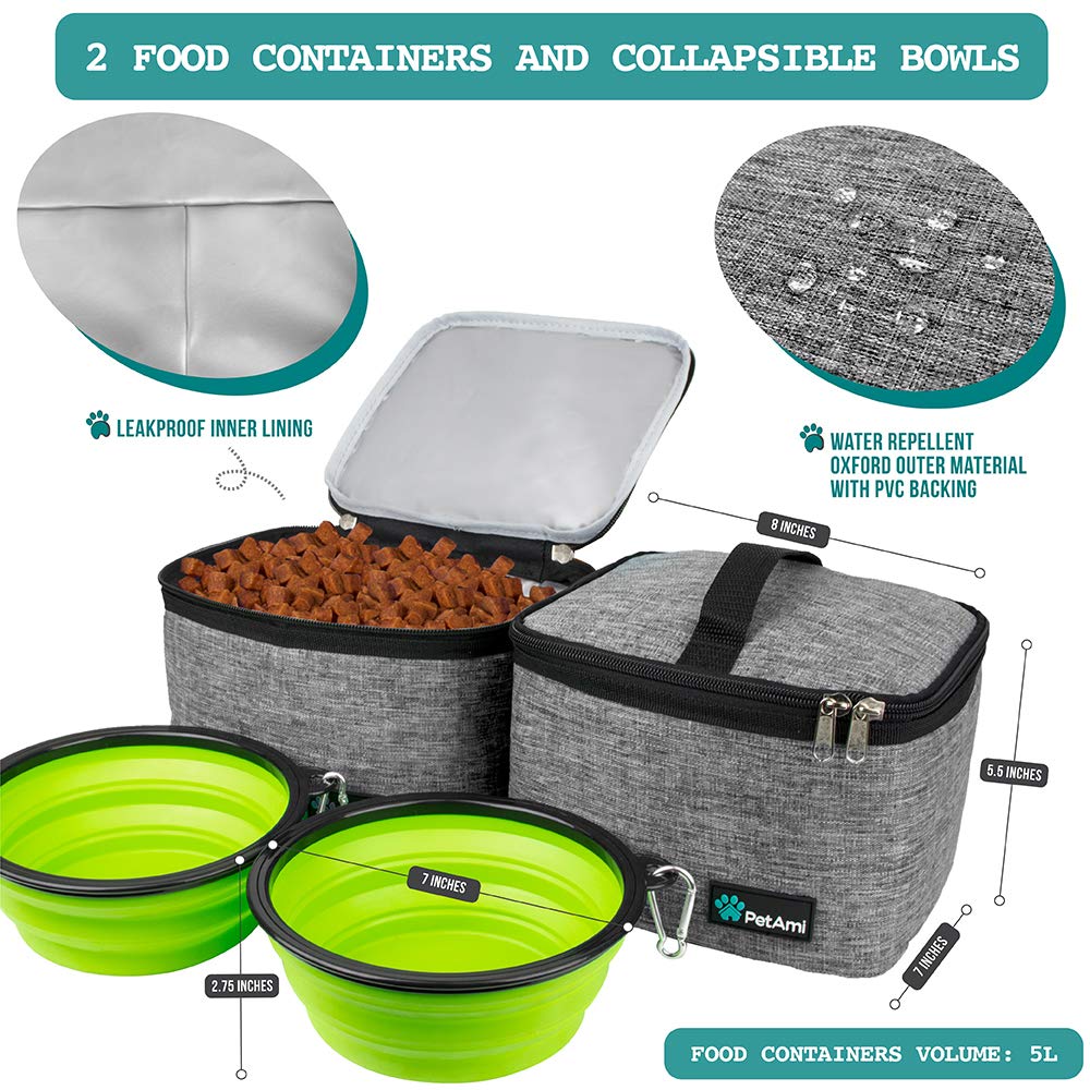 PetAmi Dog Travel Bag, Travel Pet Bag Organizer, Dog Food Travel Bag with Food Container and Bowls, Dog Travel Supplies Gift Acc
