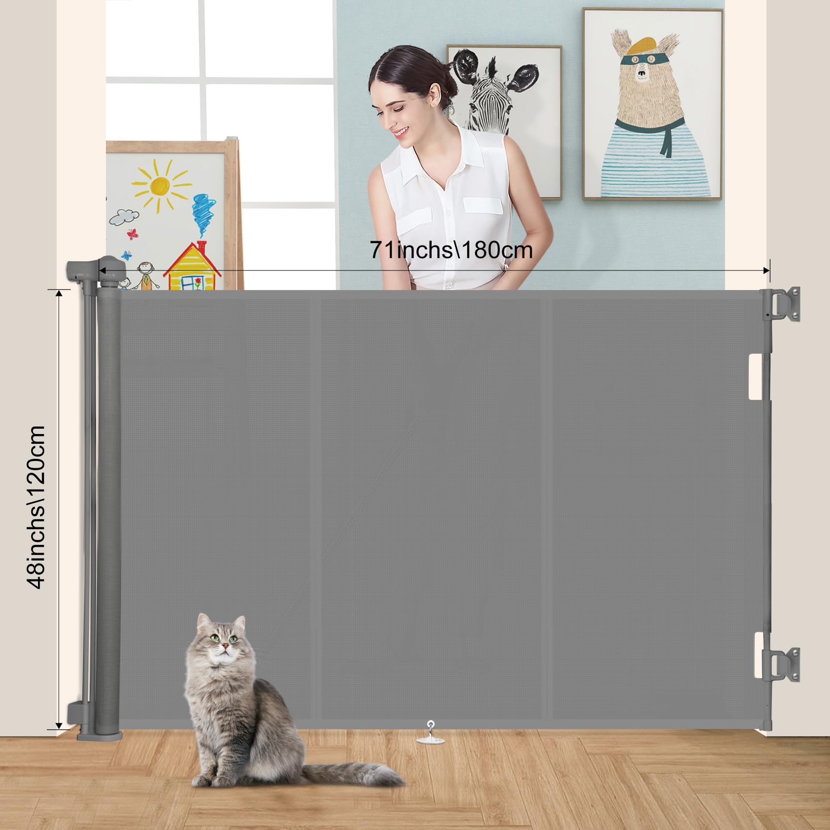 Miumoon Upgrade 71' Retractable Baby Gates With Reinforced Strip Design To Prevent Crawling Through, 48' Tall Retractable Gate For Baby And Pet, 6 Ft Baby Gates For Stairs, Doorways, Hallways(Gray)