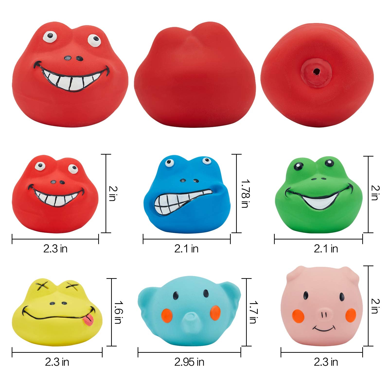N-S Squeaky Dog Toys, Durable Soft Latex, 6pcs Teething Chew Toys for Small Medium Dogs, Funny Faces, Sky Blue, Green, Yellow, Pink, Red