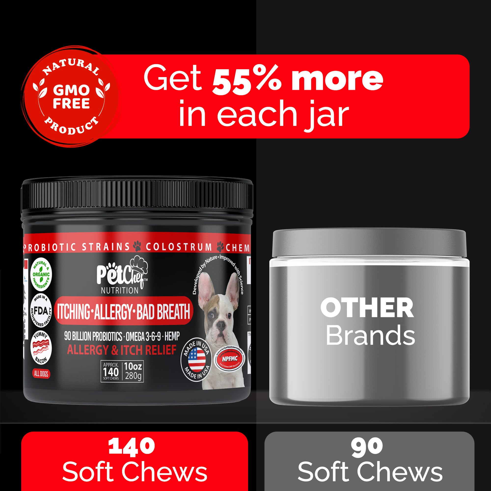 Pet Chef Dog Stop Itching Relief Chew - Anti Itch for Dogs with Omega 3, Salmon Oil - Bacon Flavor - Easy Allergen-Free Immune S