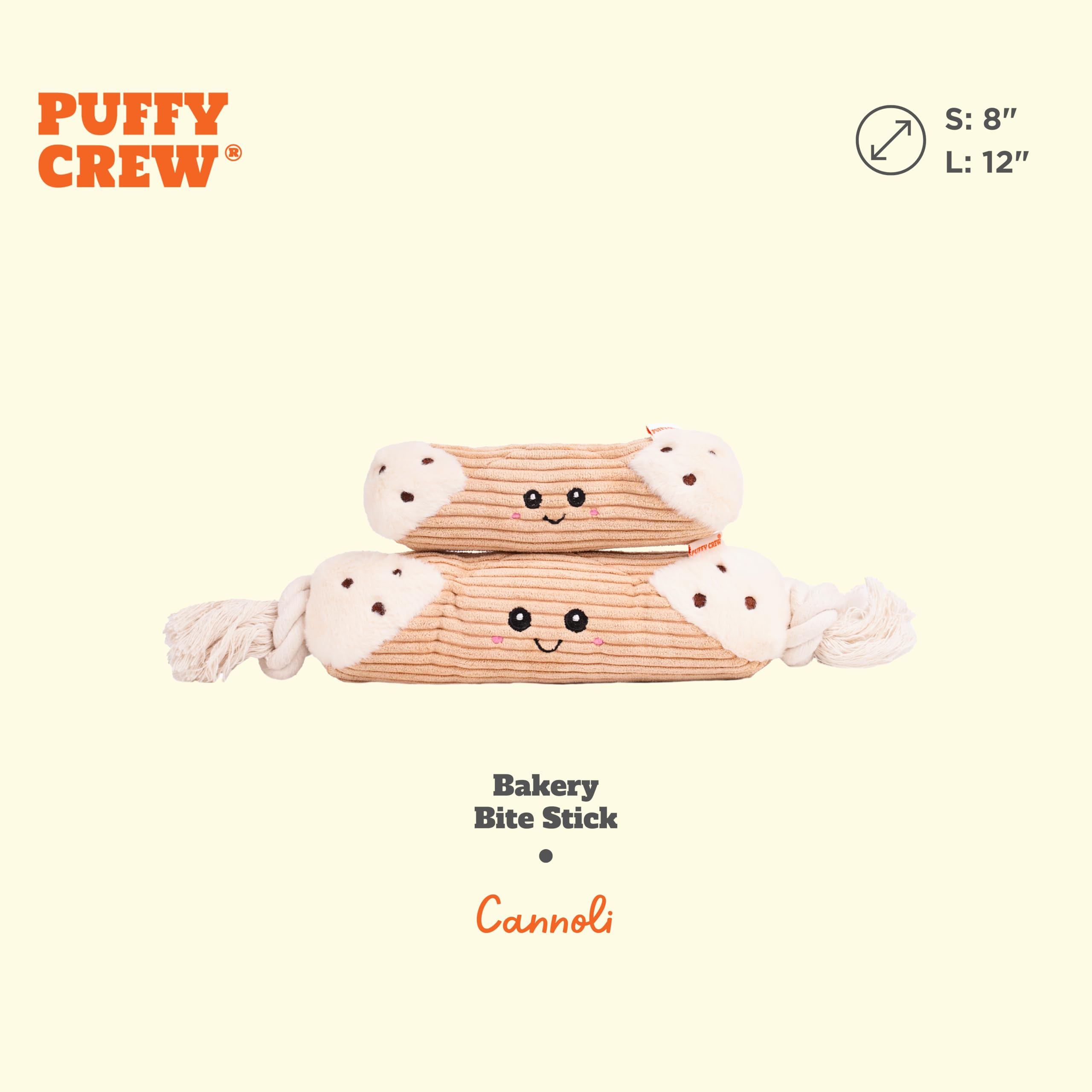 Puffy Crew Squeaky Dog Plush Toy, Bakery Bite_Stick Collection, 12, for Various Sized Dogs (Cannoli, Large)