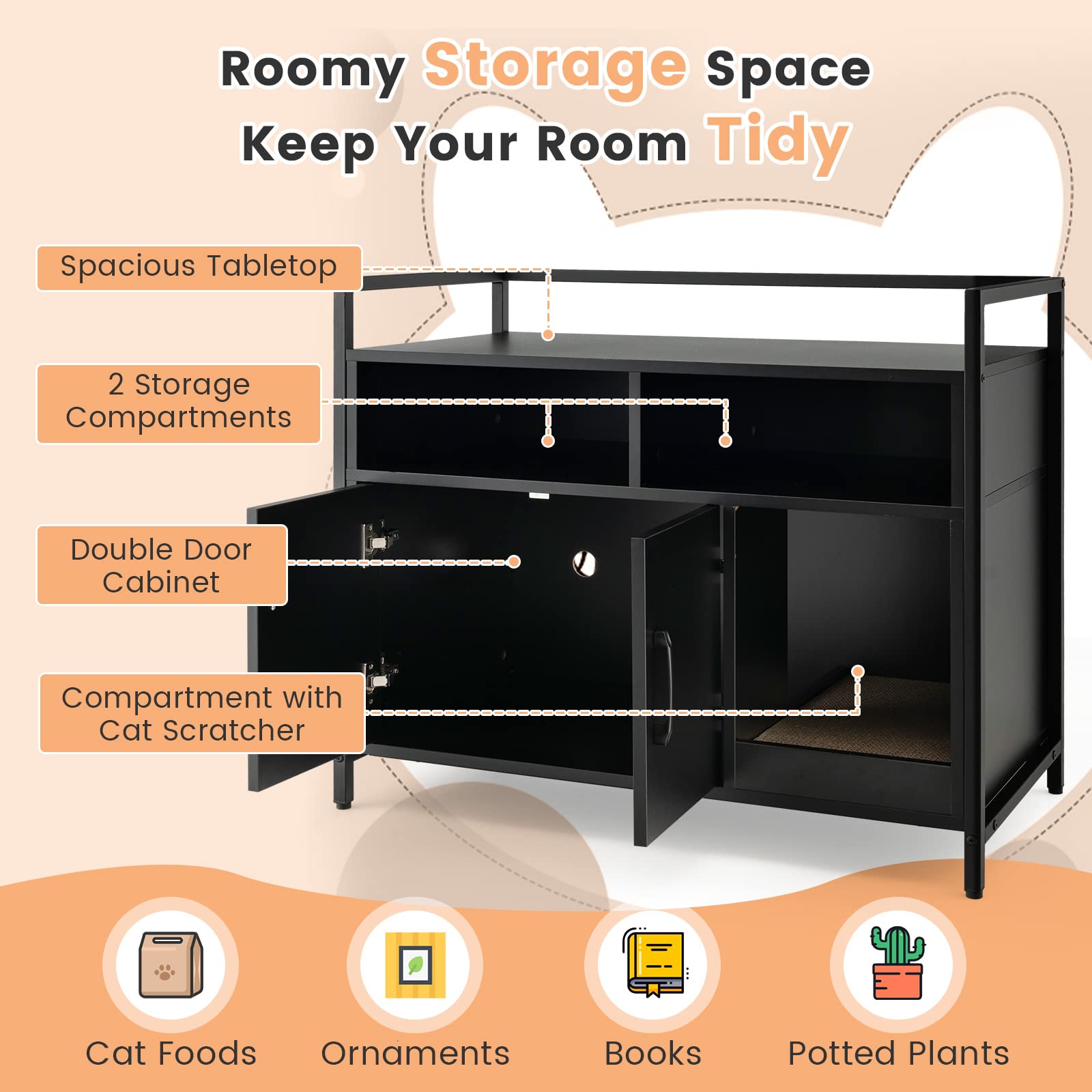 Petsite Cat Litter Box Enclosure, Litter Box Cabinet With Cat Scratcher, 2-Door Storage Cabinet, 2 Open Compartments And Air Vents, Wooden Hidden Litter Box Furniture, Black