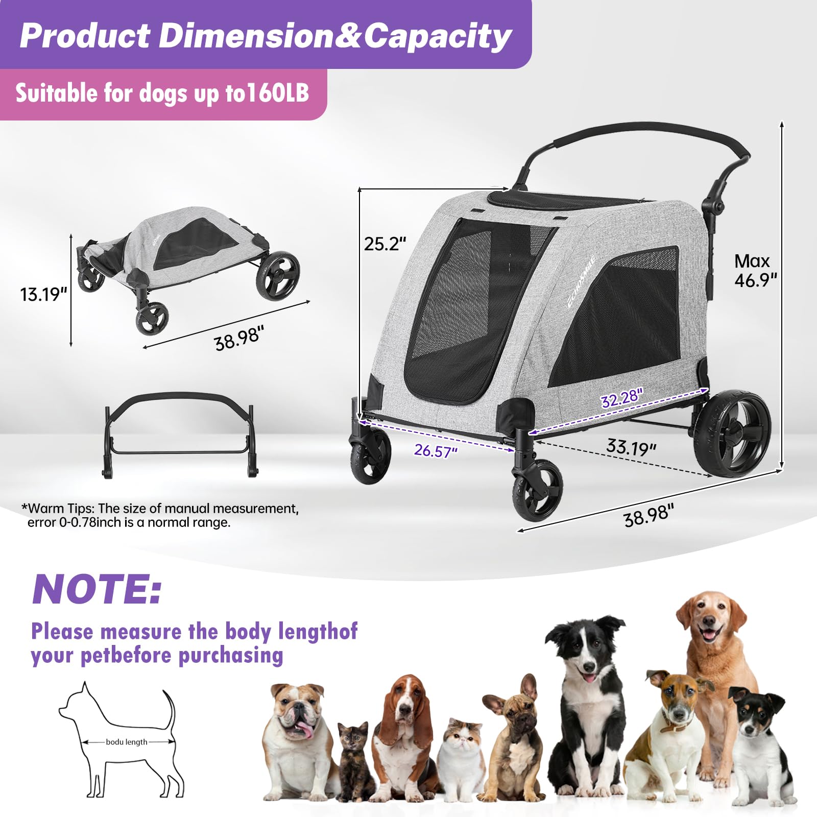 Echosmile Xl Extra Large Dog Stroller - Adjustable Handles,Lightweight Folding Pet Stroller,All-Terrain 4 Wheel For 2 Medium Dog