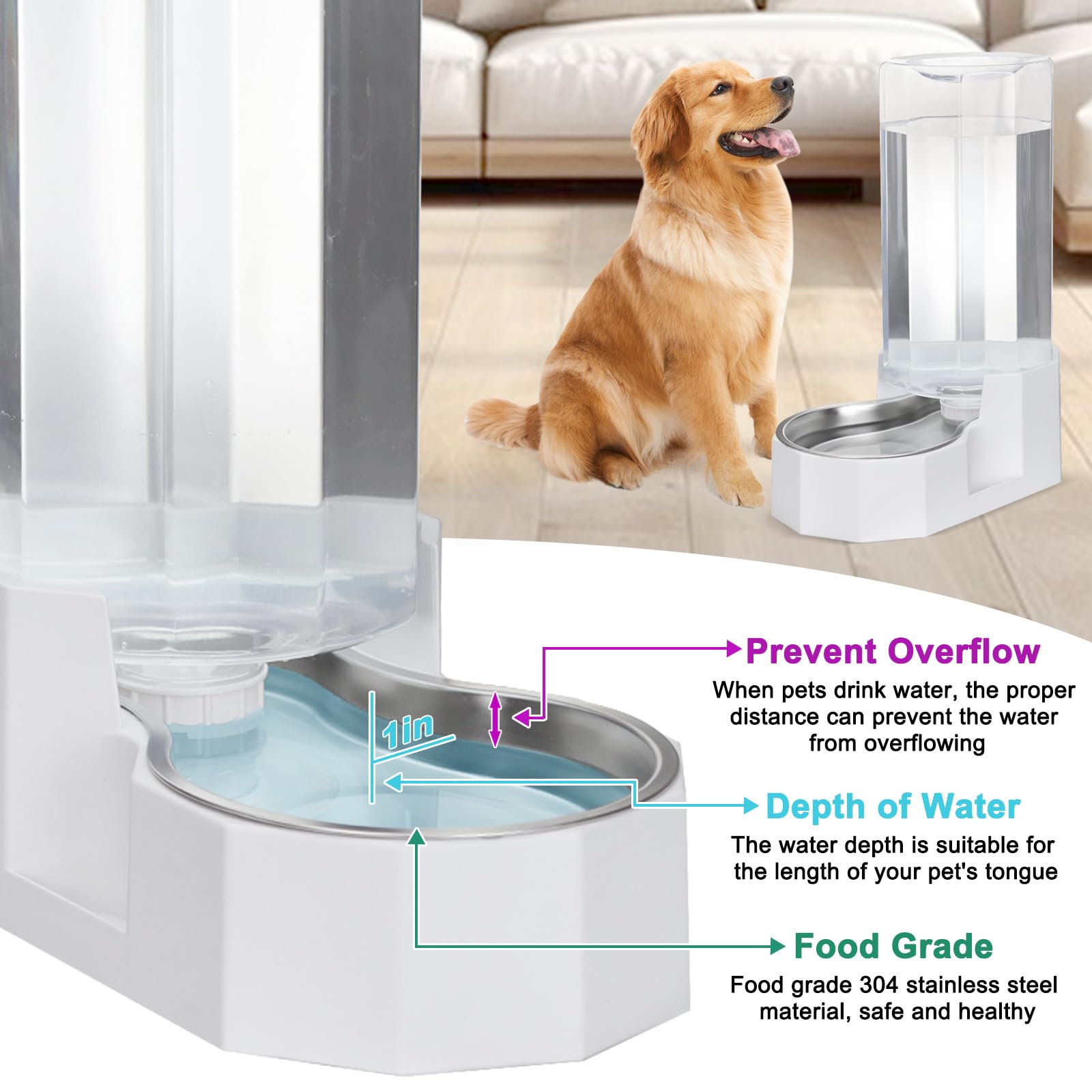 Rizzari Automatic 9L Gravity Stainless Steel Pet Waterer, Fortunate Angular Water Feeder With Edges, Safe And Large Capacity, Su