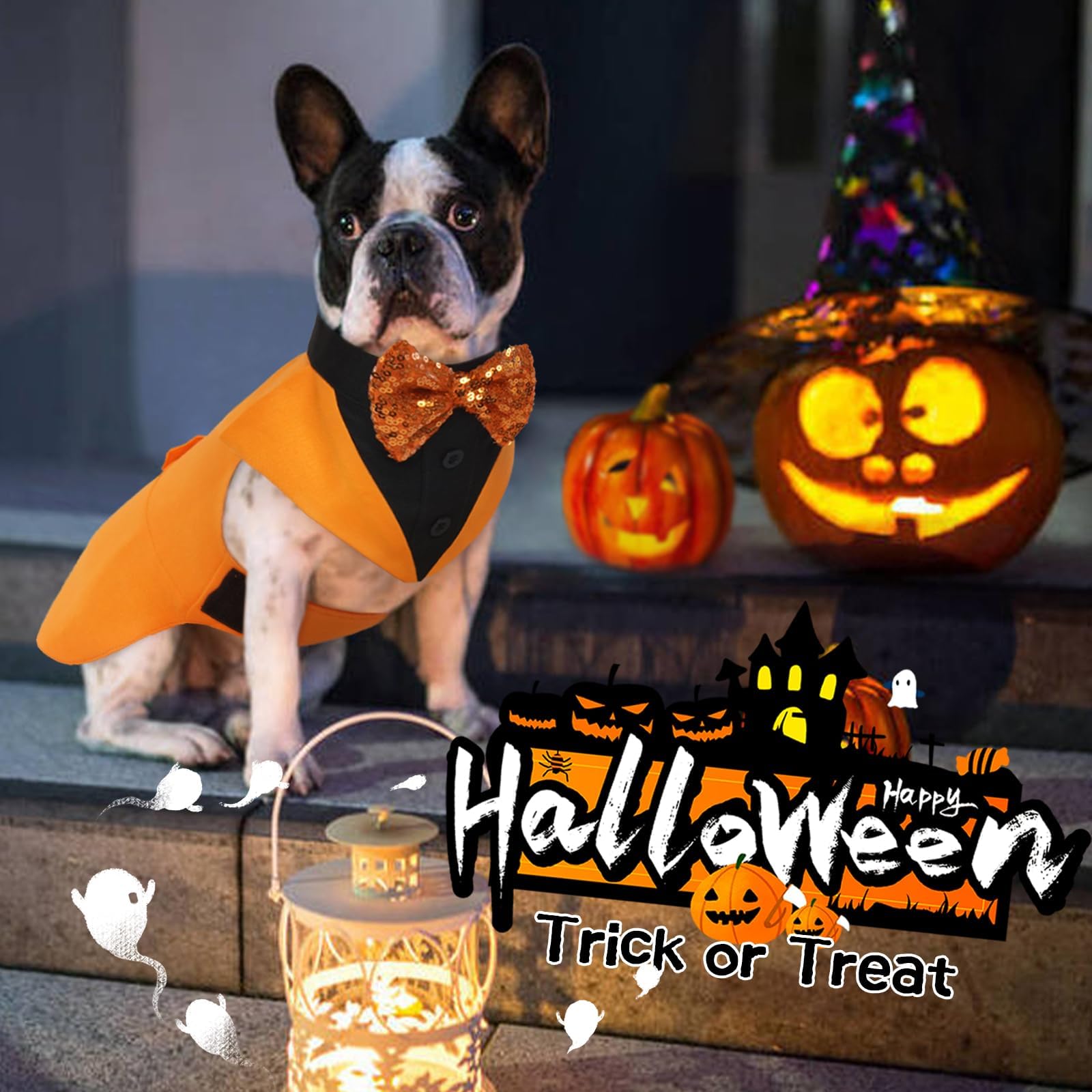 Kuoser Dog Tuxedo Suit And Bandana Set, Pumpkin Color Dogs Thanksgiving Outfit Adjustable Dog Halloween Costume With Bow Tie For