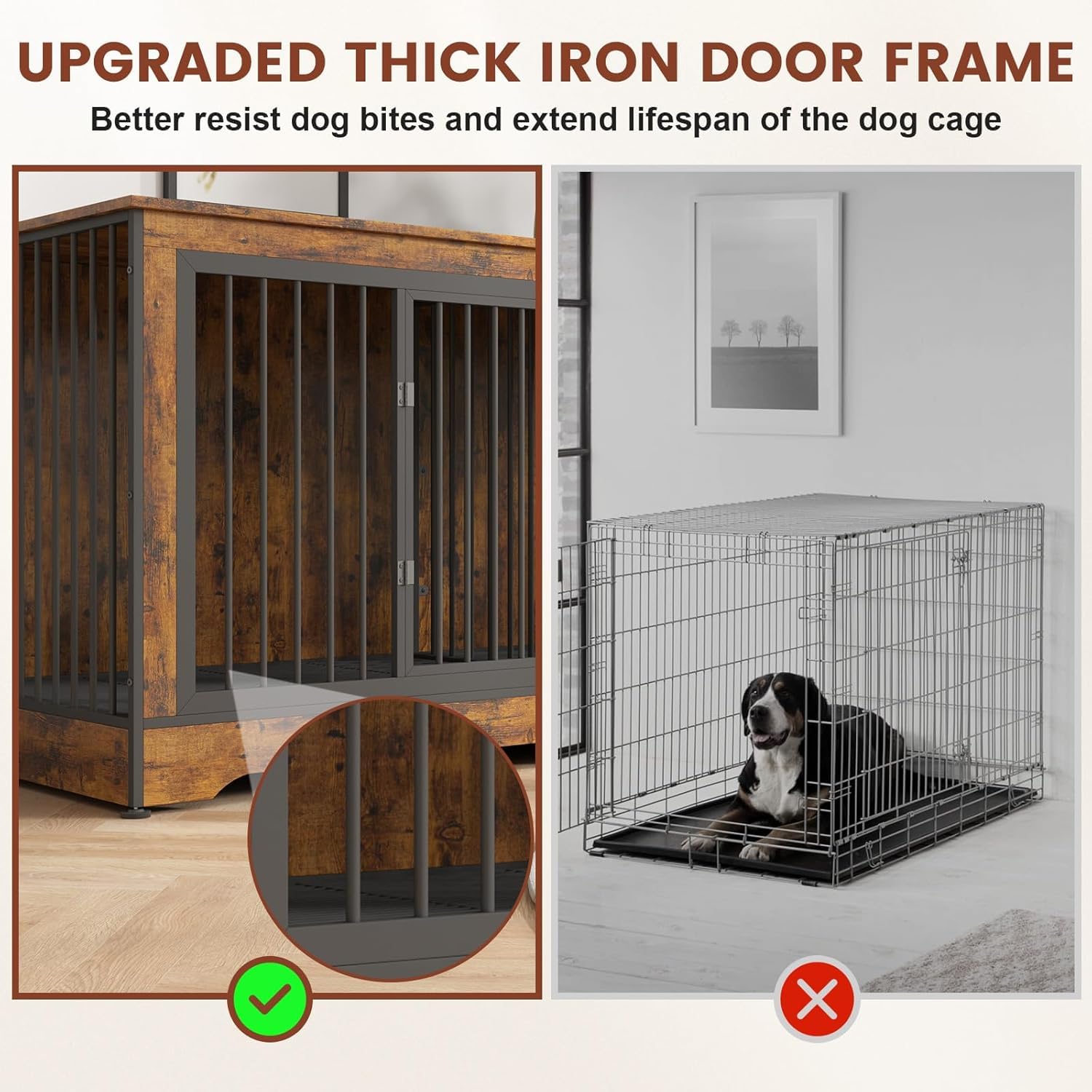 Yafylly 75 Inch Double Dog Crate Furniture, 3 in 1 Dog Cage for Large Dogs, Durable Brown TV Stand Dog Crate with Trays and Divi
