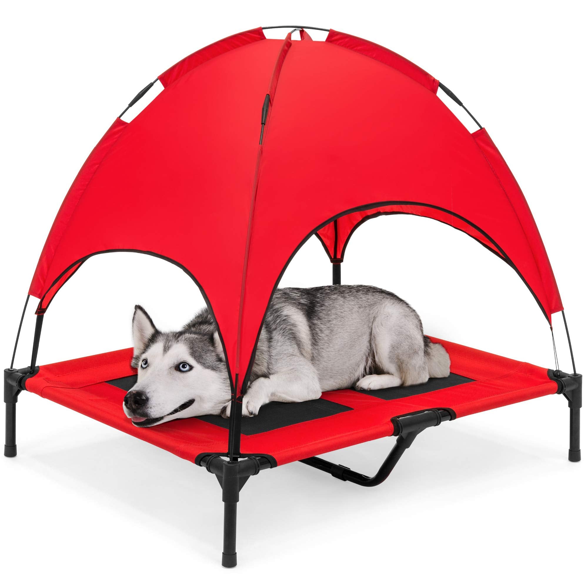 Best Choice Products 36In Elevated Cooling Dog Bed, Outdoor Raised Mesh Pet Cot W/Removable Canopy Shade Tent, Carrying Bag, Breathable Fabric - Red