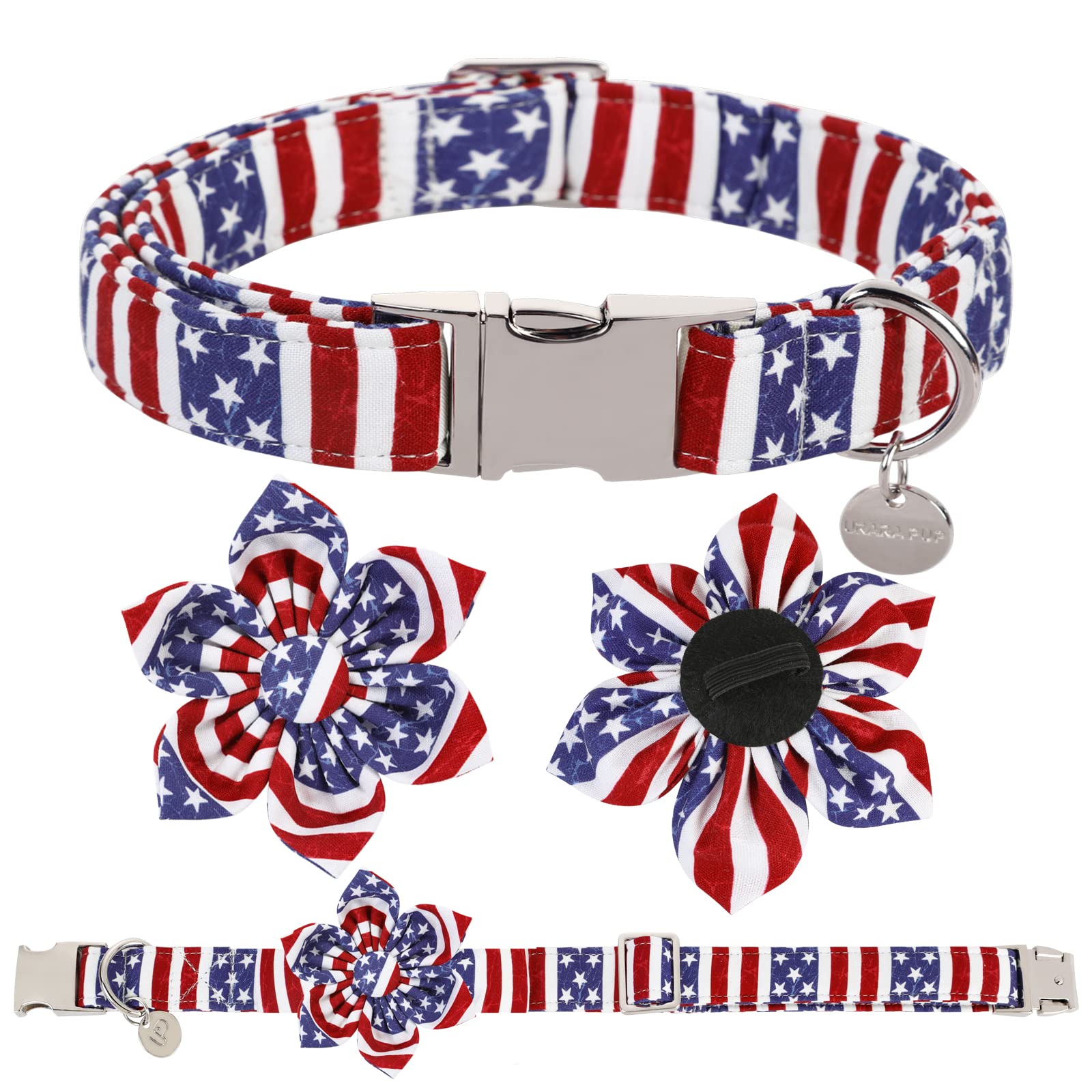 Up Urara Pup Dog Collar With Flower, 4Th Of July Comfortable Cotton Dog Collar, American Flag Collar For Medium Girl Dog, Patrio