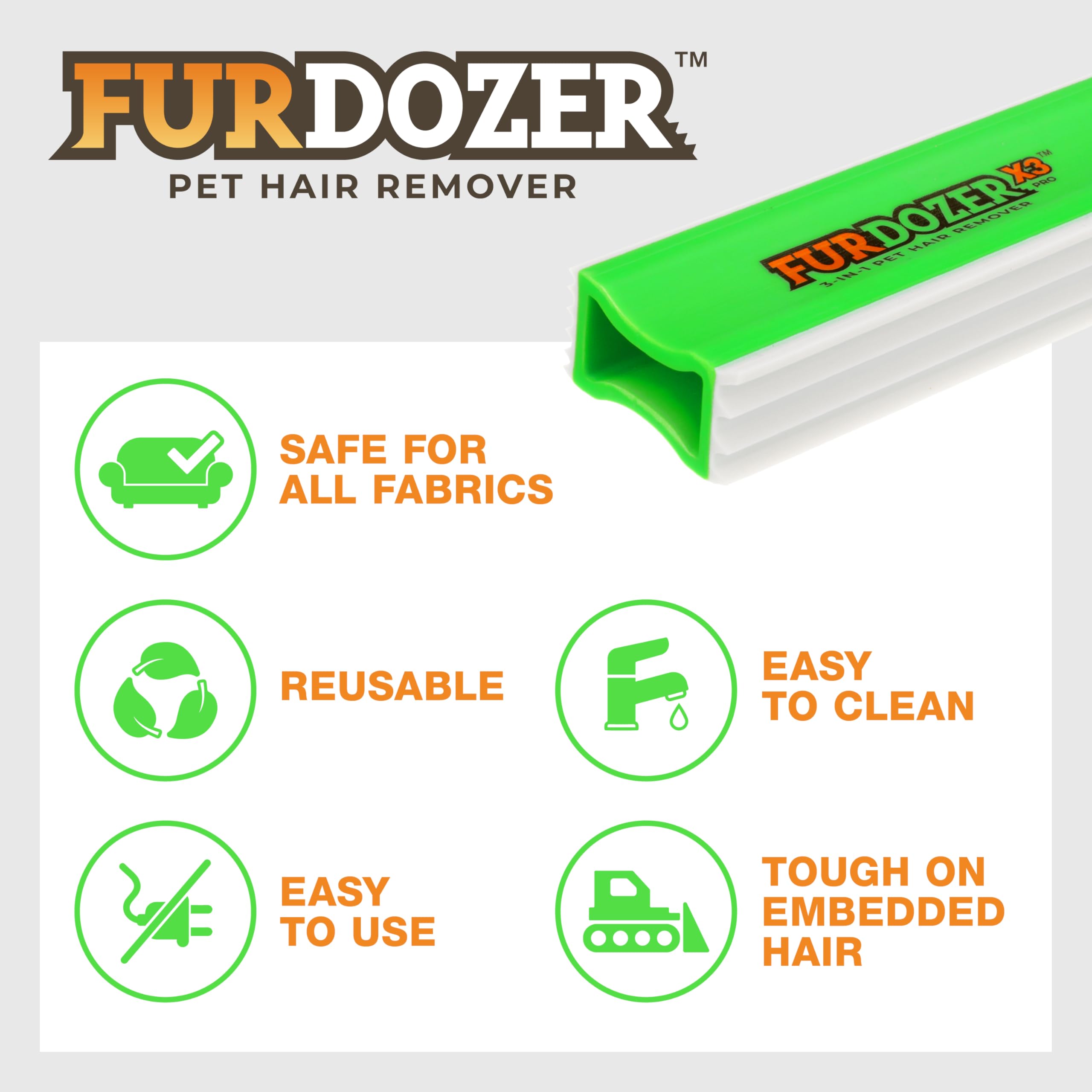 Furdozer X3 Pro Pet Hair Remover & Auto Detailing Tool - Cat & Dog Hair Remover For Carpets, Car Interiors, Couches, Bedding, & Furniture - Reusable Pet Hair Removal Tool For Fur & Lint, 5' (2-Pack)