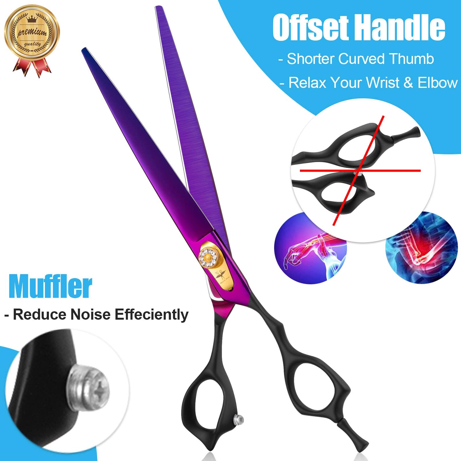 Purplebird 8 Inch Straight Dog Grooming Scissors Professional Pet Cutting Shears Safety Noiseless Blunt Tip Trimming Shearing For Dogs Cats Japanese Stainless Steel Purple