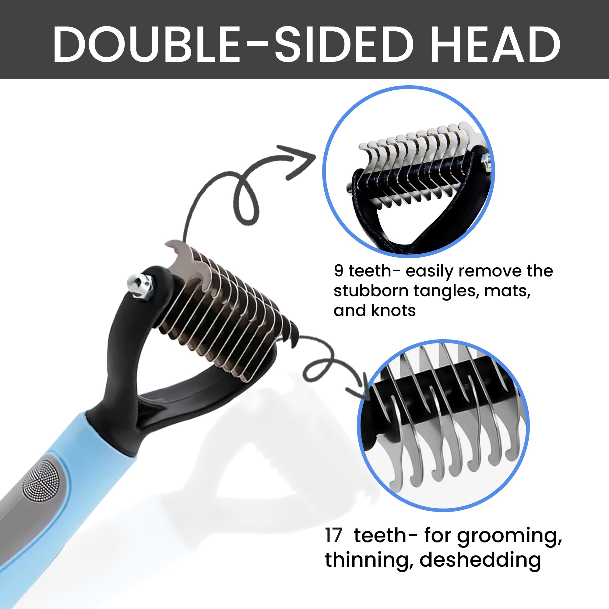 Kwest Essentials Pet Grooming Brush - Shedding Comb & Dematting Tool For Dogs & Cats, Extra Wide Undercoat Rake For Dog Grooming, Blue