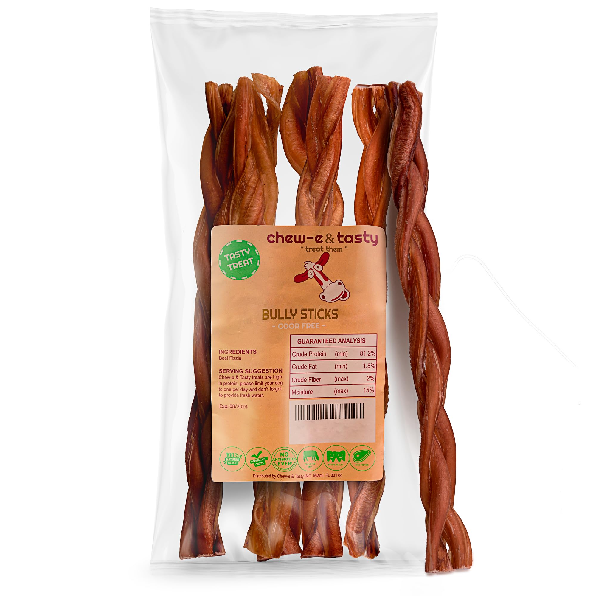 chew-e&tasty 12 Inch Large Braided Odor Free Bully Sticks for Dogs (5 Sticks) - Long Lasting Beef Chews - Made of Digestible Hig