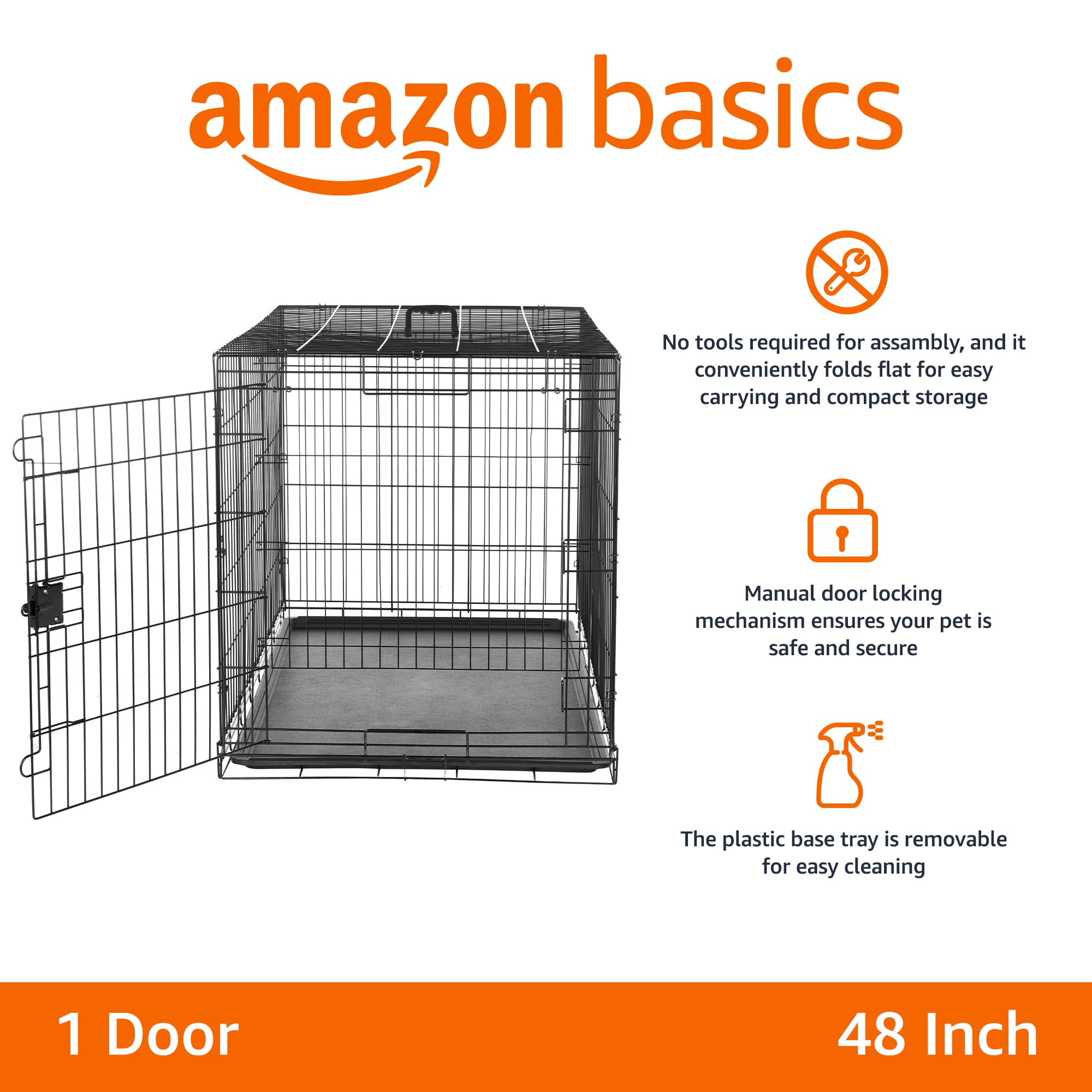 Amazon Basics Durable, Foldable Metal Wire Dog Crate With Tray, Single Door, 48 X 30 X 32.5 In, Black