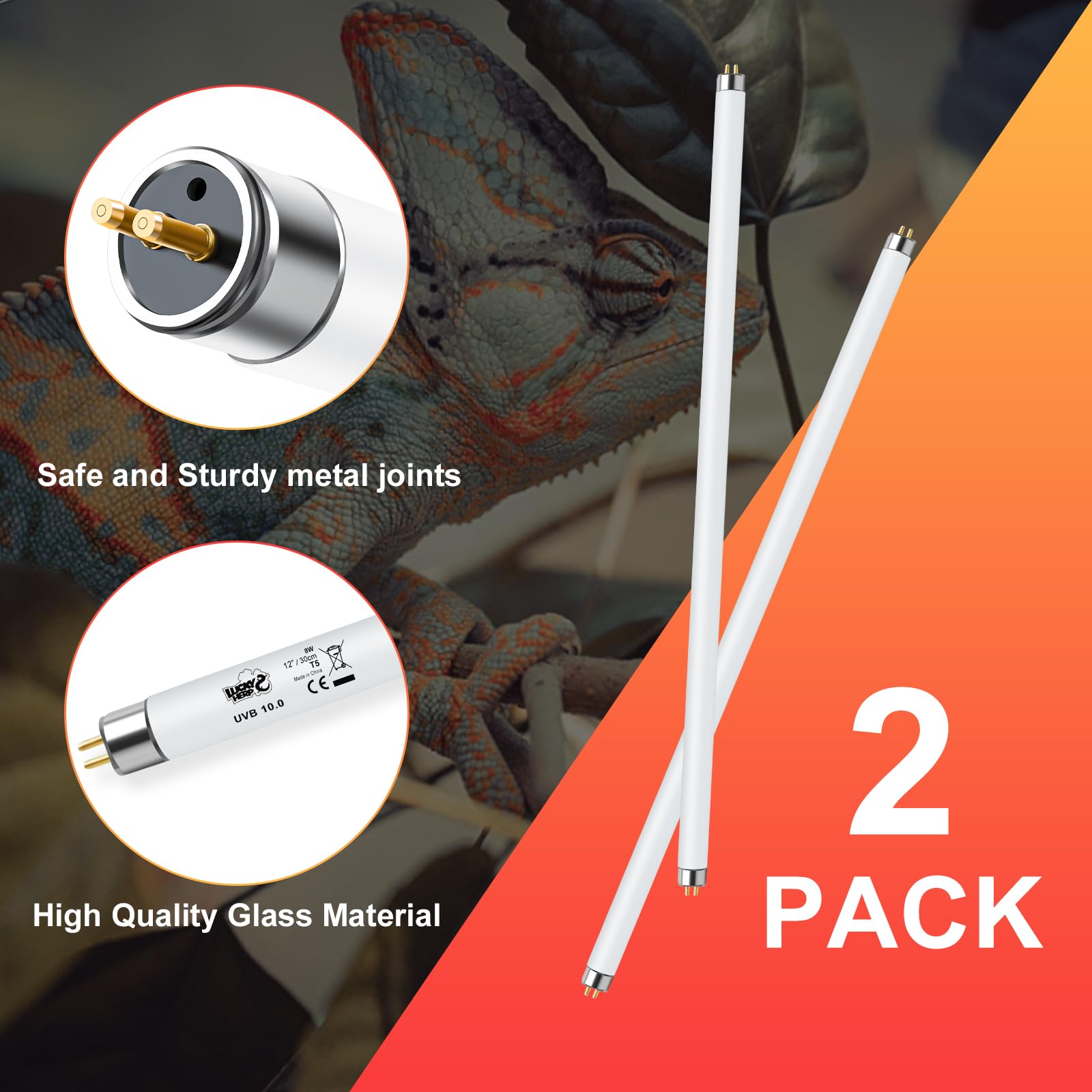 LUCKY HERP 2 Pack T5 UVB 10.0 Reptile Light 8W, UVA UVB Fluorescent Lamp Tube, UVB Lighting Bulb for Turtles, Chameleon, Tortois