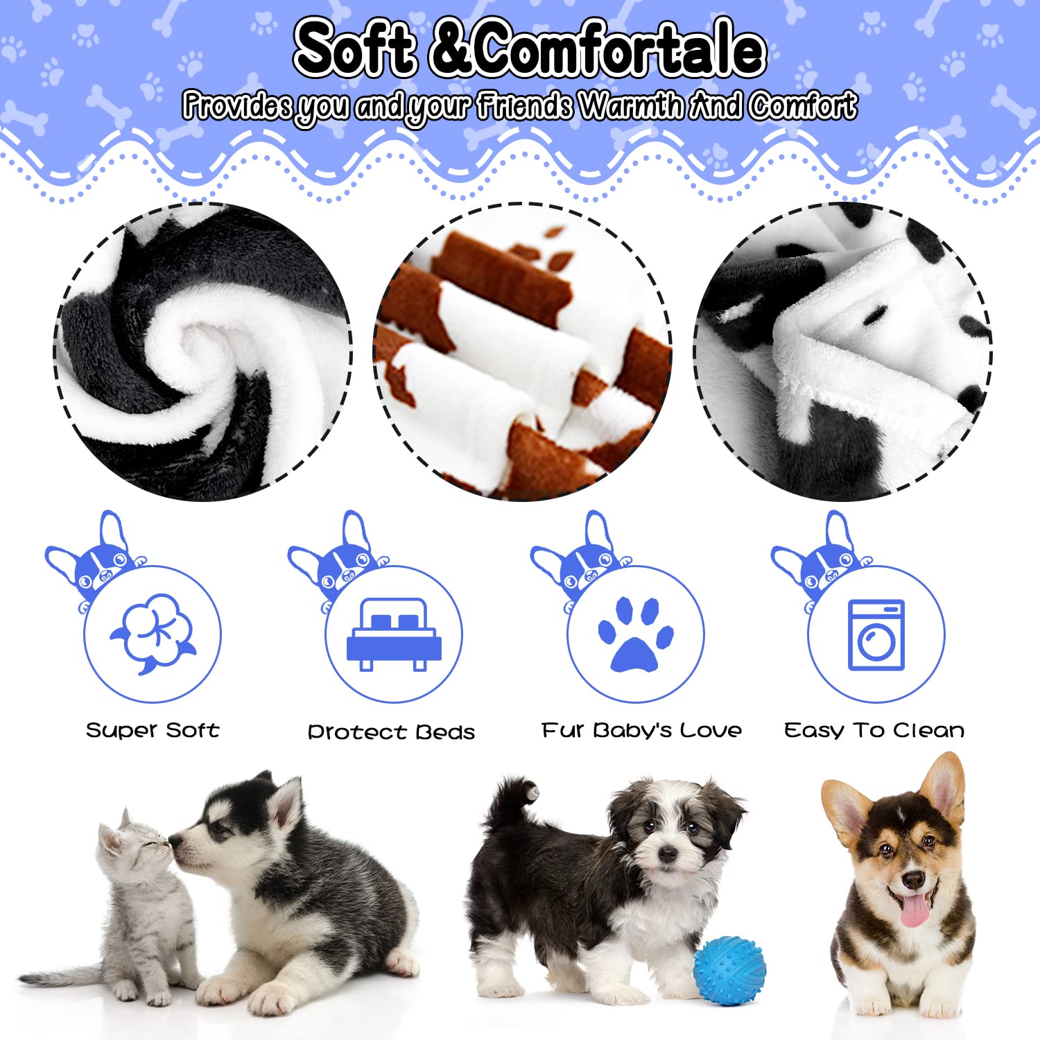 Rezutan Dog Blankets For Largel Dogs,3 Pack Dog Cat Soft Fuzzy Blankets Washable,Comfort Flannel Cow Print,Fuzzy Soft Pet Mat Blankets,Pet Blanket,Reversible Print,42X32 Inch Brown White Cow Print.