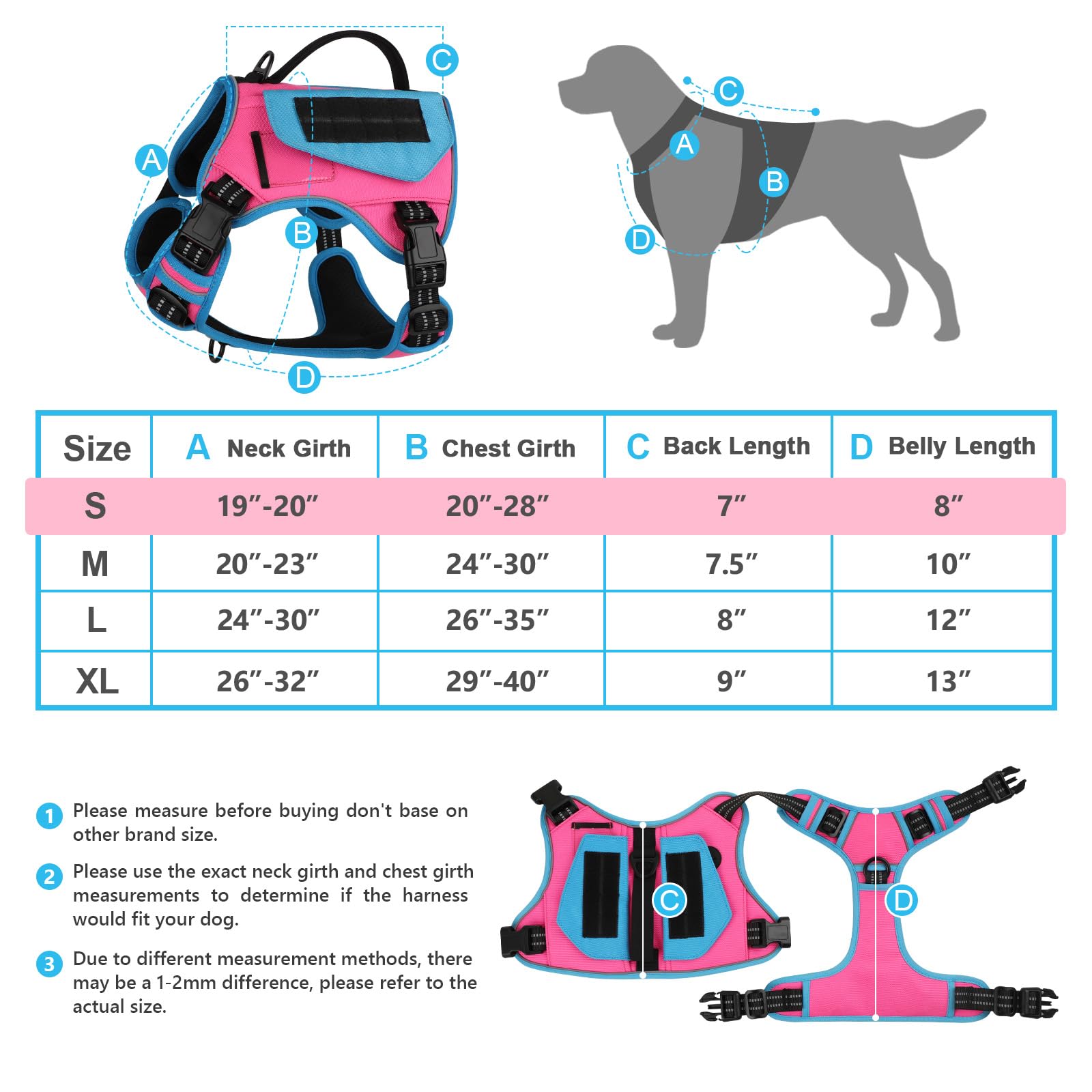 Wingoin Tactical Dog Harness For Small Dogs, No Pull Harness With Handle Pockets Poop Bag, Reflective Dog Vest, Military Service Heavy Duty Big Dog Harness For Walking Hiking Training, Pink Blue, S