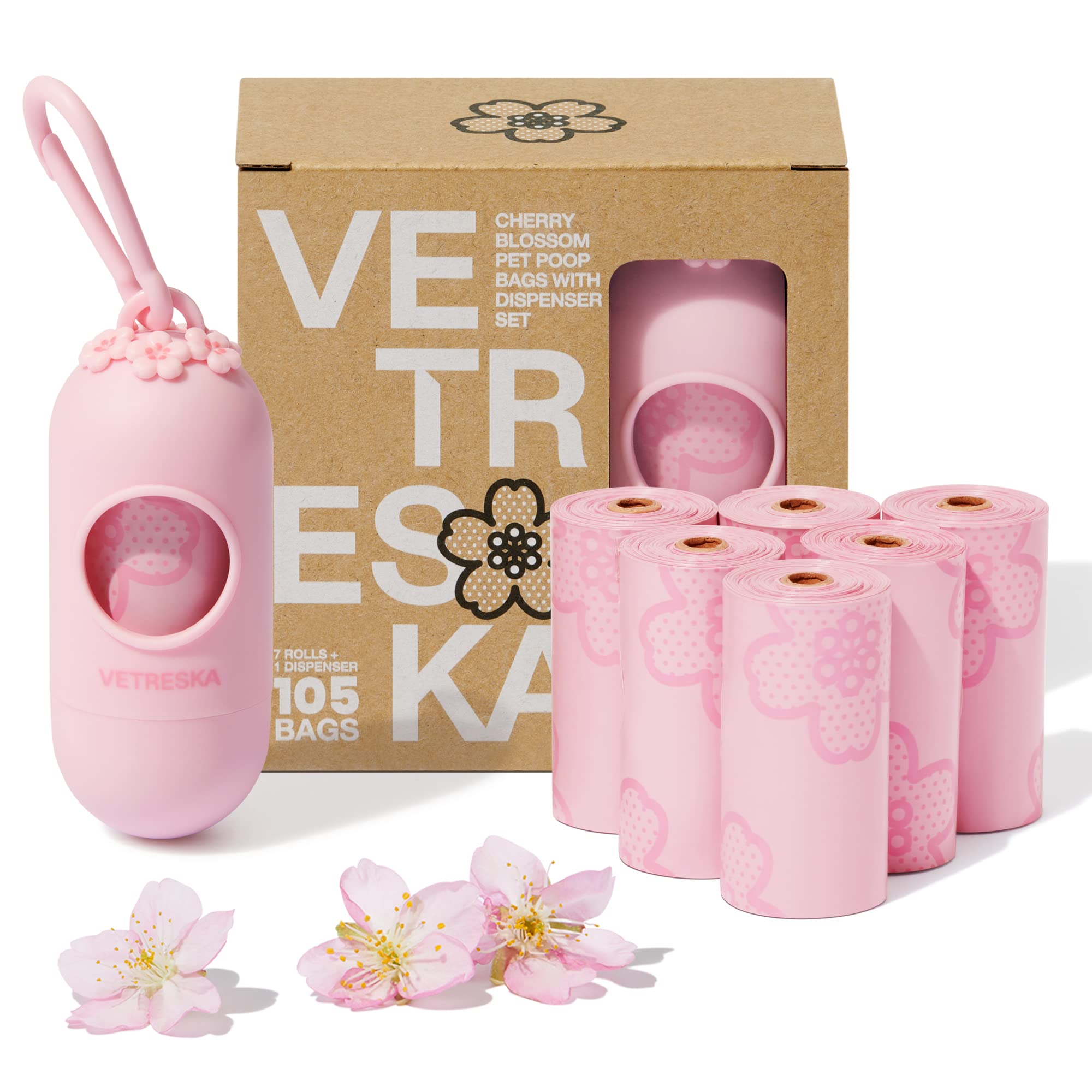 VETRESKA Dog Poop Bag Dispenser with Cherry Blossom Scented Bags, Leak Proof, Extra Thick Waste 1 Count Holder and 105 Bags for 