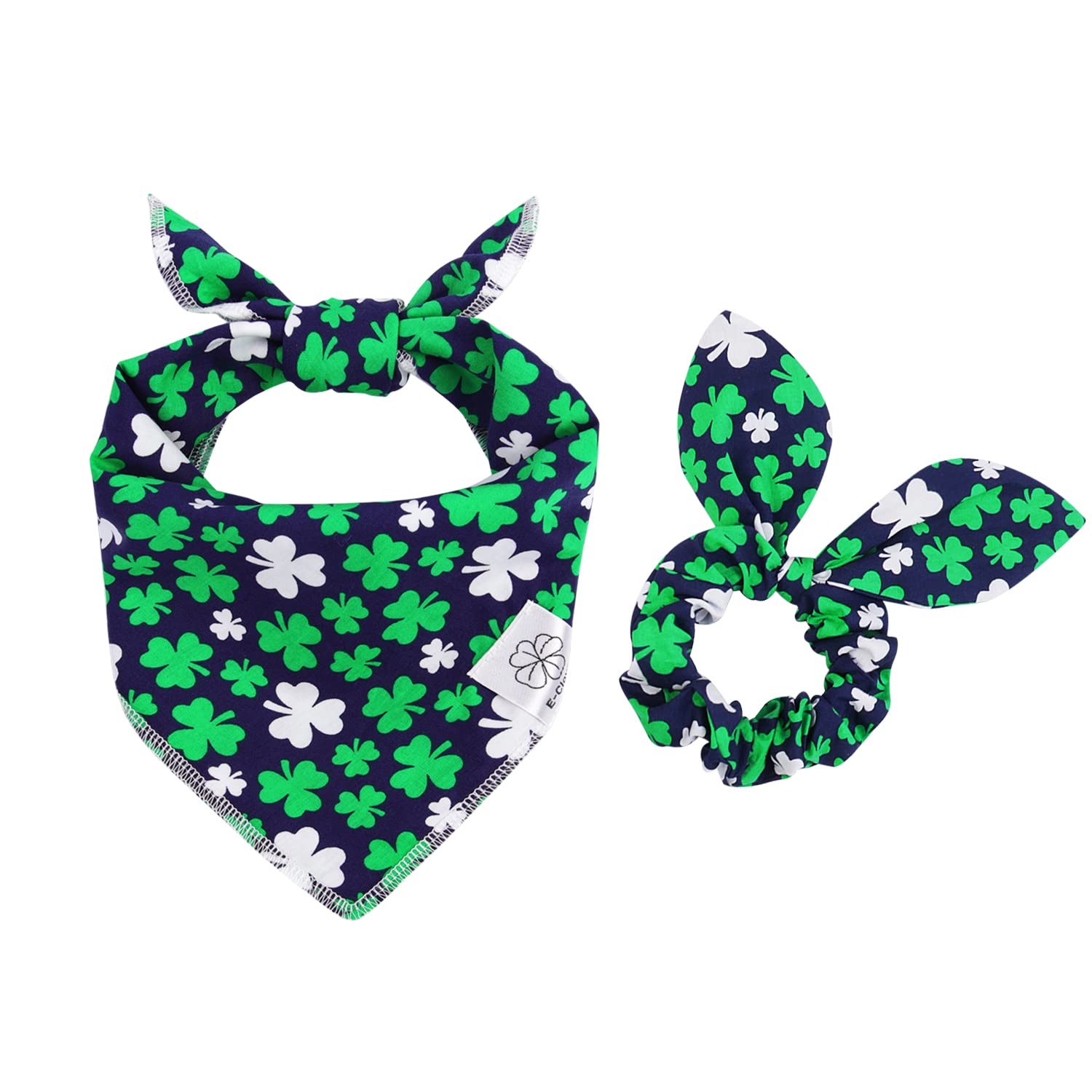 E-Clover Spring Dog Bandana & Matching Scrunchie Set Shamrock Lucky Dog Bandanas Scarf With Bow Hair Ties For Medium Large Dogs 