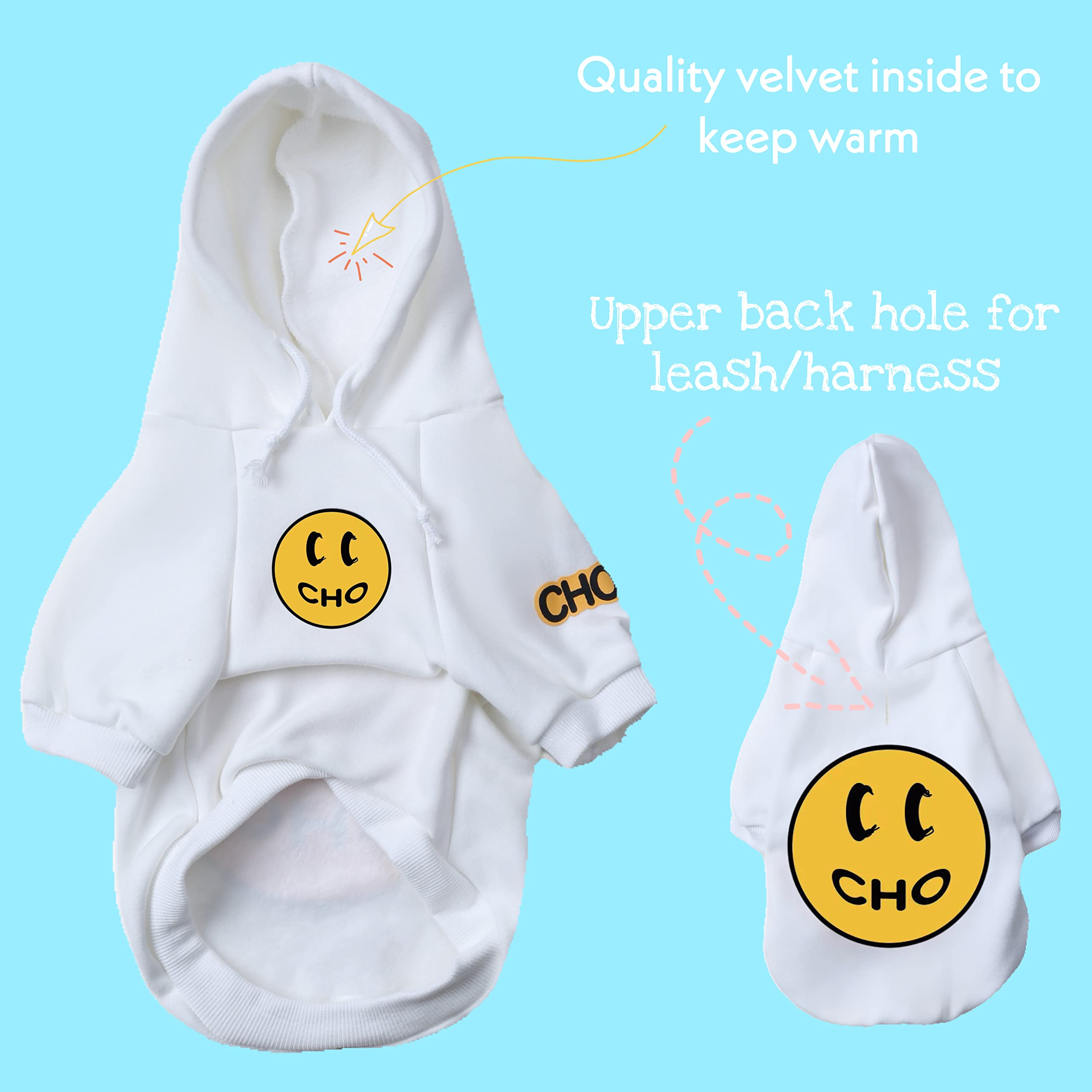 Chochocho Smiley Dog Hoodie Stylish Dog Clothes Smiley Face Sweater Cotton Sweatshirt Fashion Outfit For Dogs Cats Puppy Small Medium Large (L, White)