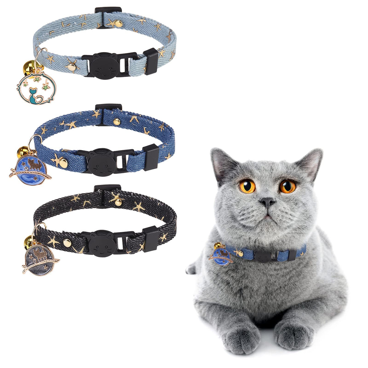 Dillybud 3 Pack Breakaway Cat Collars With Bell- Moon And Stars Pendant Cat Collar For Girl Boy Cats With Safety Buckle- Cute Ki