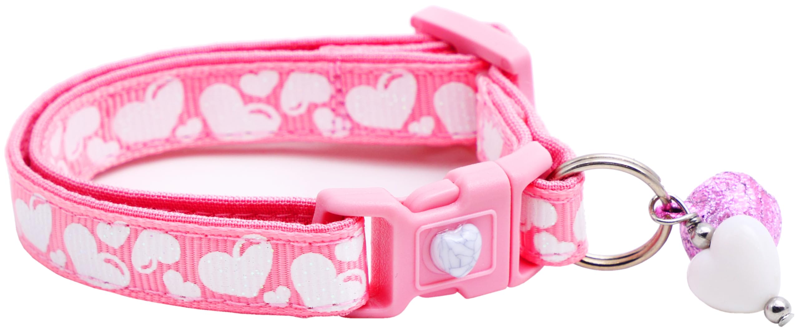 Valentines Day Cat Collar With Bell | Safety Breakaway Collar | Adjustable Large Size Or Kitten Collar (Puffy Hearts On Light Pi
