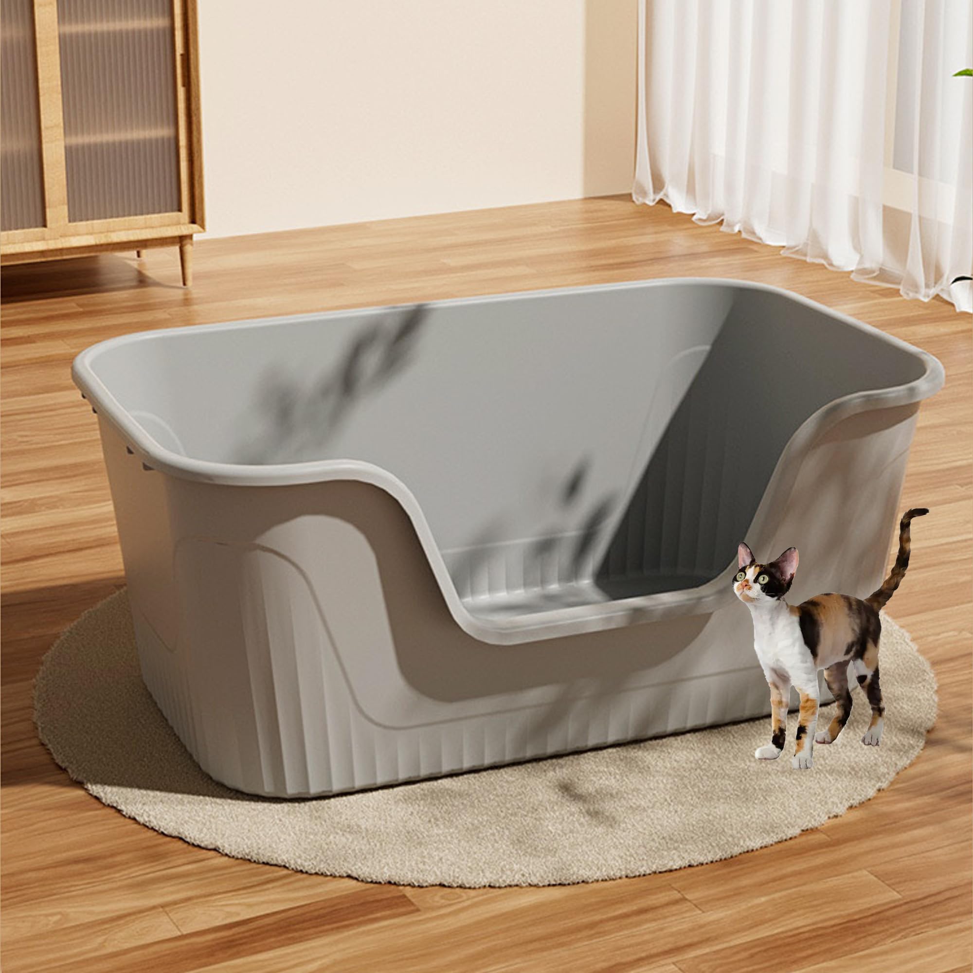 Vealind Largest Xxl Jumbo Cat Litter Box For Big Cats, 31''  21''  16'' Grey Easy Clean Big Tall High Sided Extra Large Cat Litt