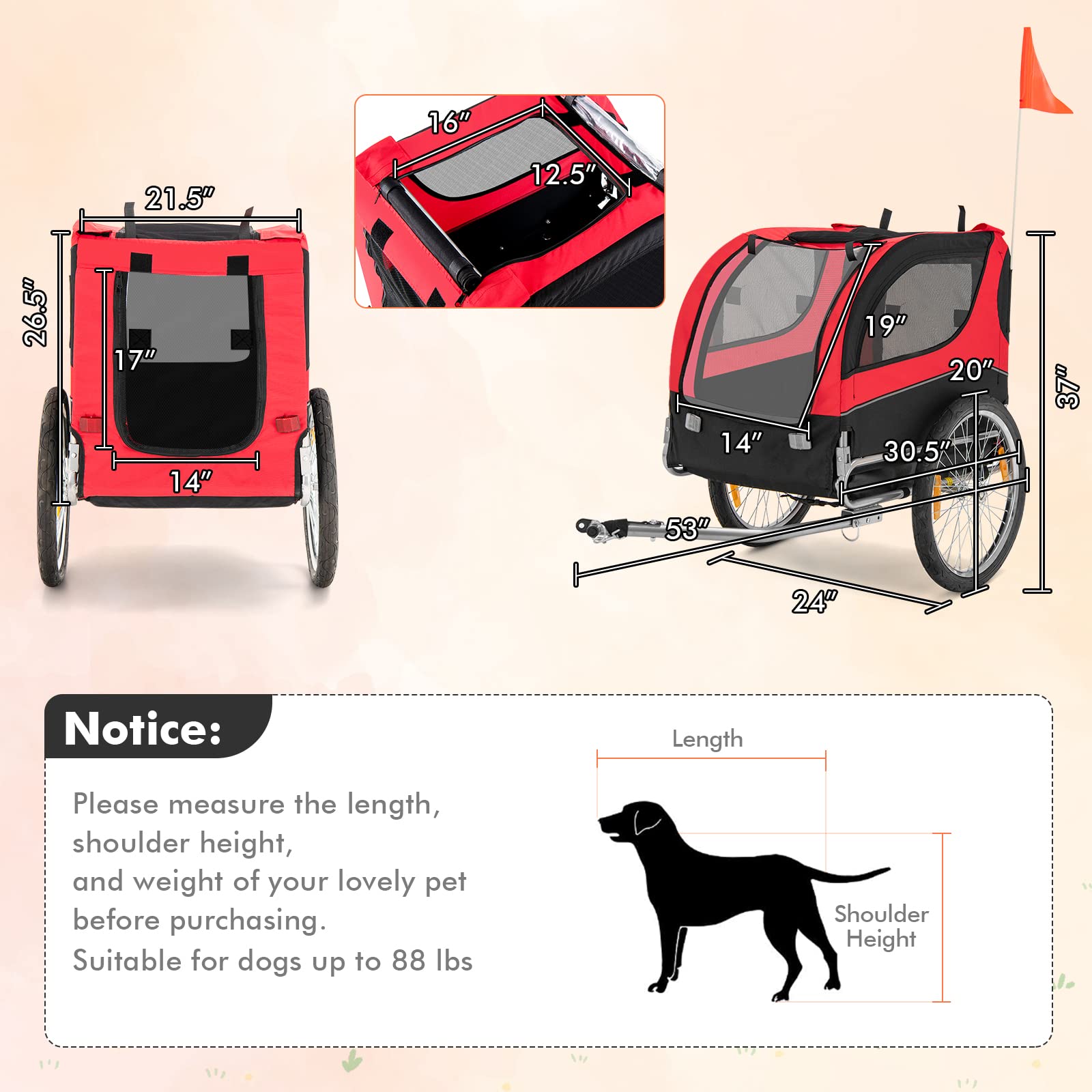 Tangkula Dog Bike Trailer, Breathable Mesh Dog Cart With 3 Entrances, Safety Flag, 8 Reflectors, Folding Pet Carrier Wagon With 20 Inch Wheels, Bicycle Carrier For Medium And Small Sized Dogs (Red)