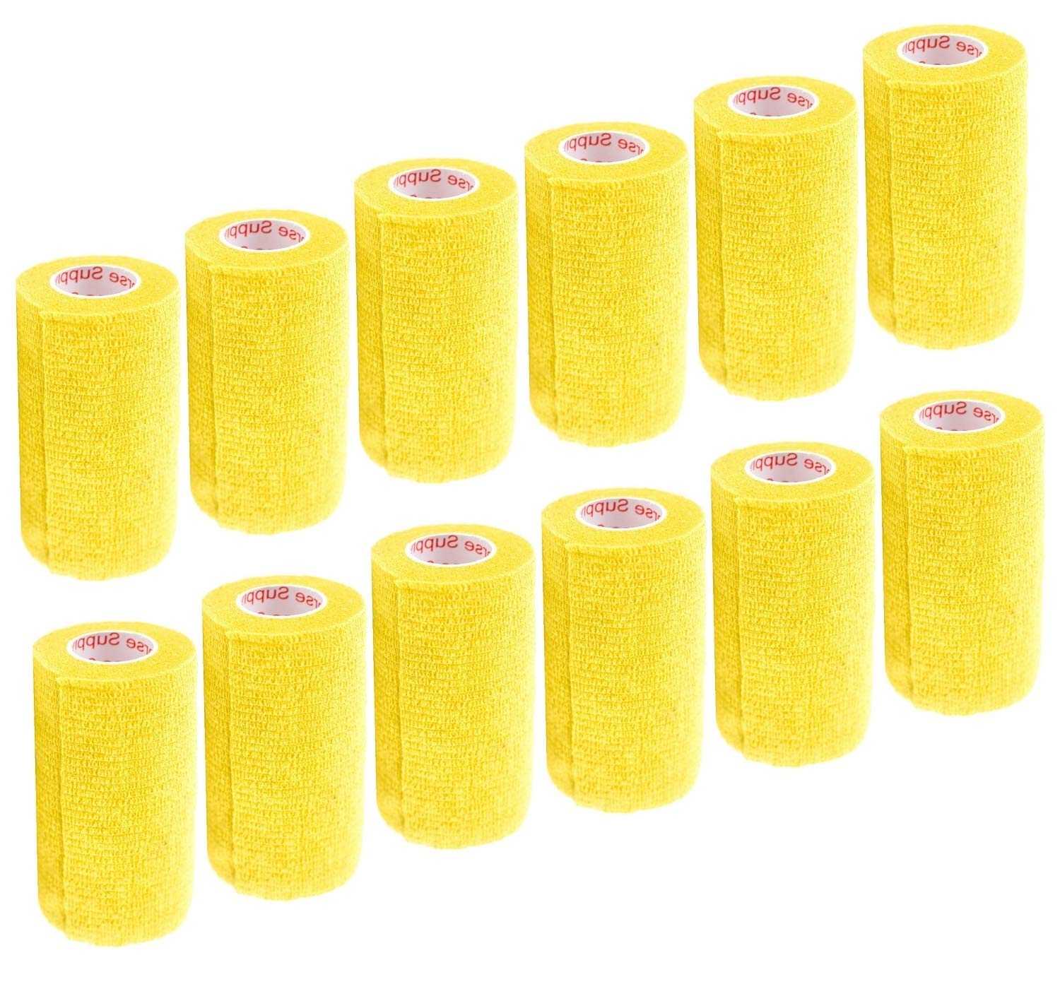 3 Inch Vet Wrap Tape Bulk (Yellow) (Pack of 12) Self Adhesive Adherent Adhering Flex Bandage Grip Roll for Dog Cat Pet Horse