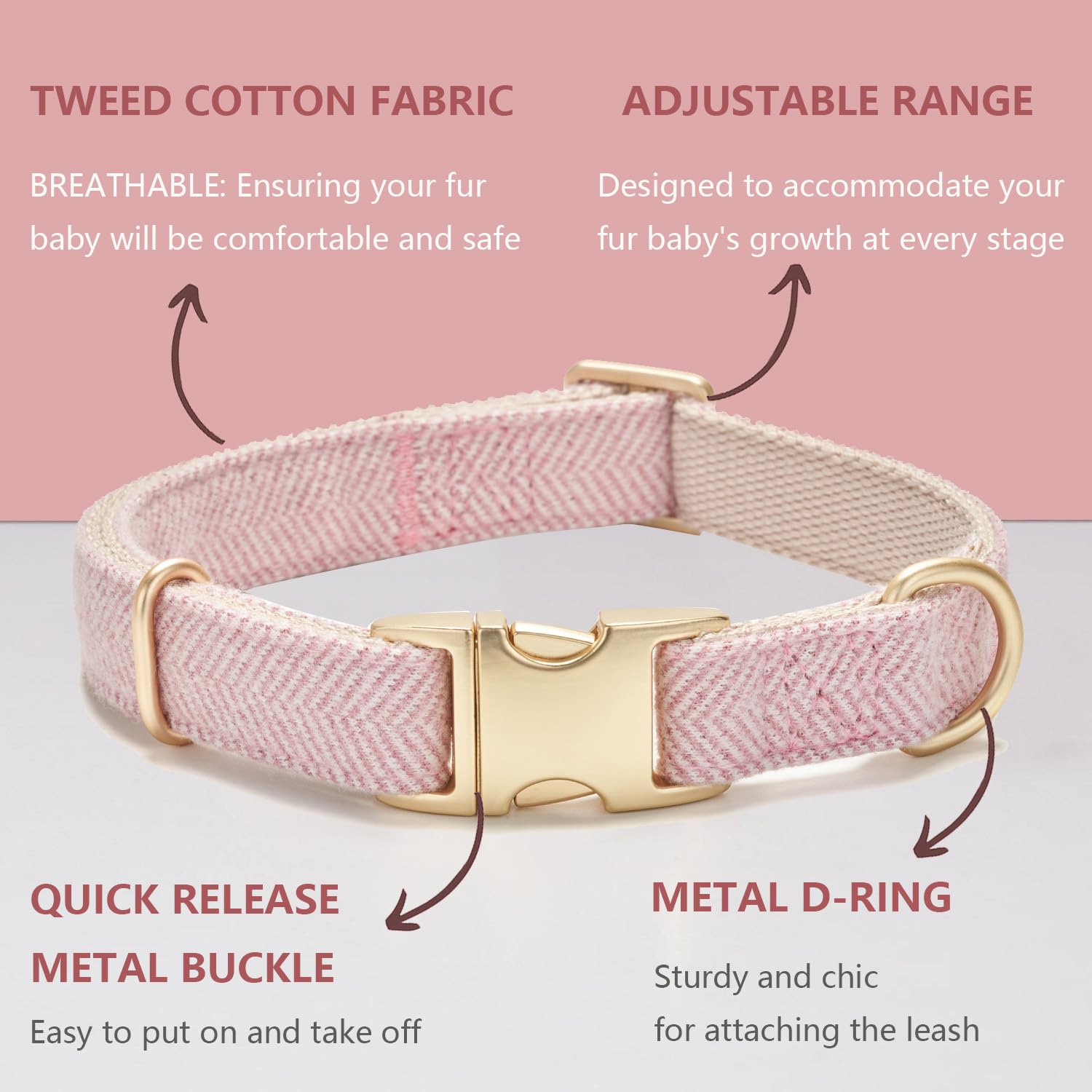 YUDOTE Soft Cotton Hemp Dog Collar with Metal Buckle Adjustable Twilled Dog Collars for Female Small Medium Large Dogs(Pink,Medi