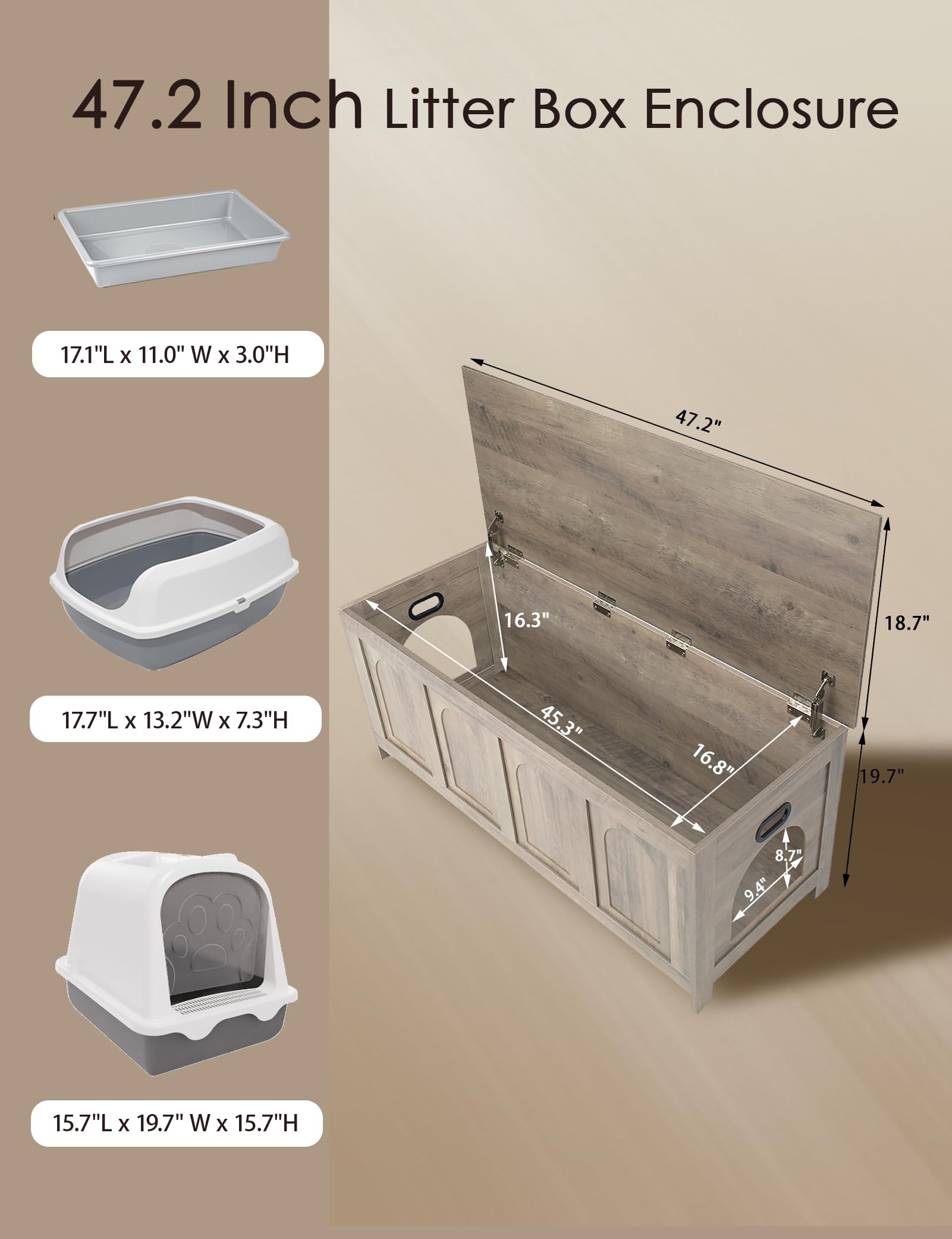 Dinzi Lvj Cat Litter Box Enclosure, Flip Top Litter Box Furniture, Hidden Cat Washroom, 2-Entrances Wooden Pet House, 47.2'' L X