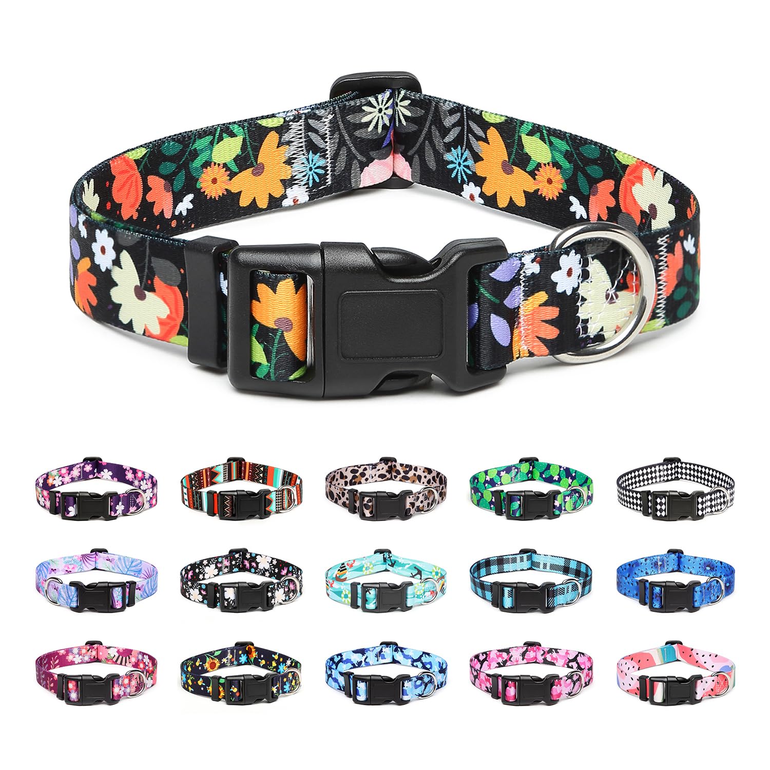 Mercano Adjustable Dog Collar - Special Design Patterns, Soft Nylon Comfortable Durable Pet Collar For Small Medium Large Dogs (L, Floral Orange)